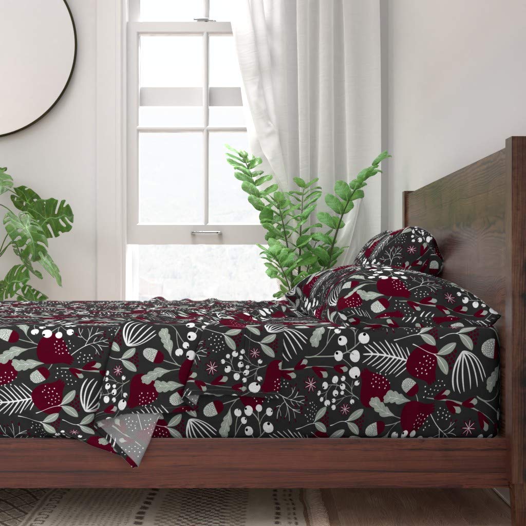 Premium 100% Cotton Twin 3-Piece Sheet Set | Spoonflower Winter Holiday Holly Burgundy Gray Elegant Woodland Forest Christmas Print Bedding | Soft & Breathable for Cozy Seasonal Decor