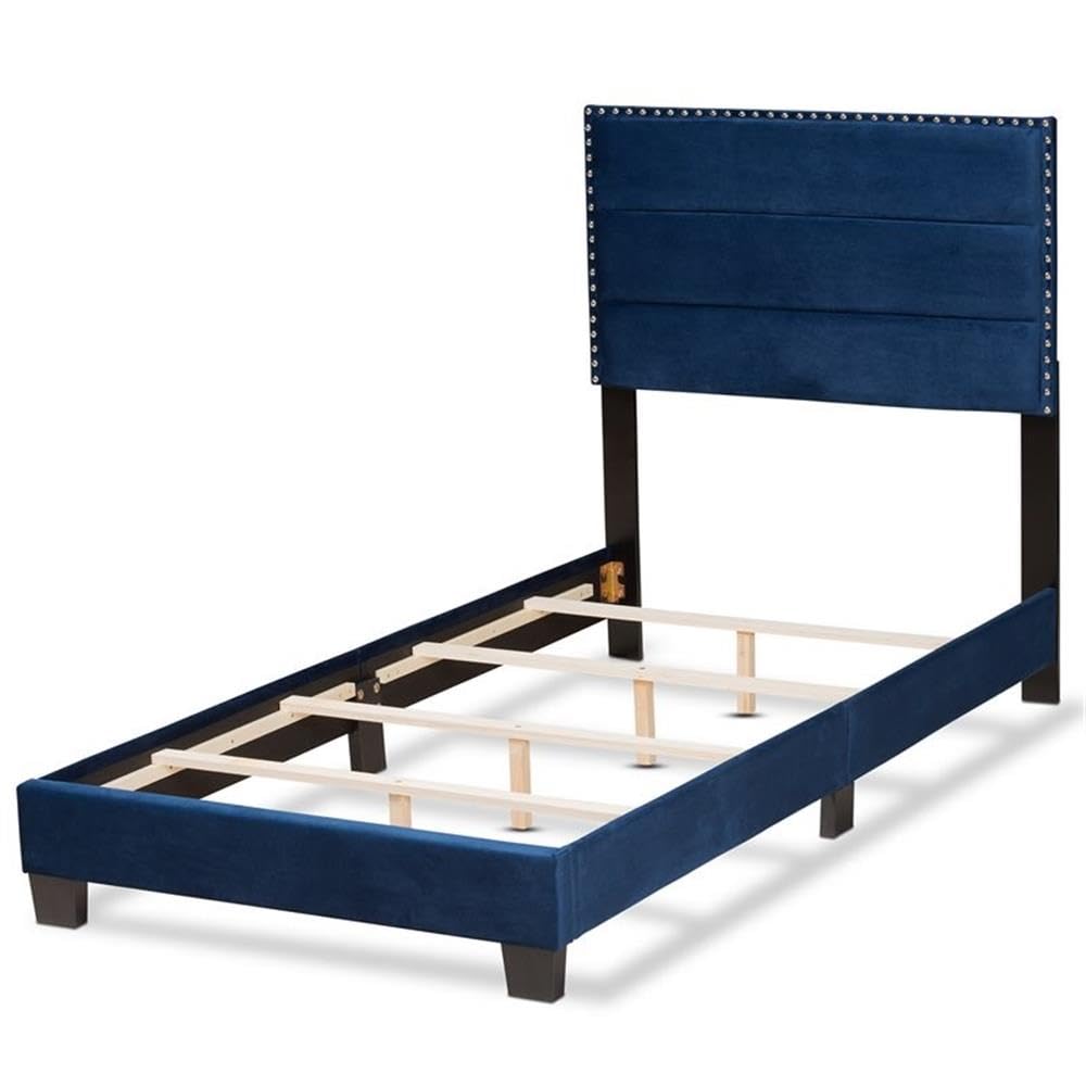 BOWERY HILL Modern Velvet Fabric Upholstered Twin Size Panel Bed Frame in Navy Blue - Stylish Bedroom Furniture for Small Spaces & Guest Rooms