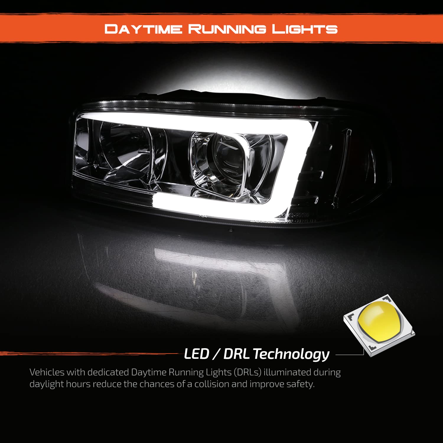 AKKON LED Tube DRL Projector Headlights & Bumper Lights for 1999-2006 GMC Sierra Yukon XL Denali - Chrome Housing | Upgrade Your Truck's Style & Night Visibility