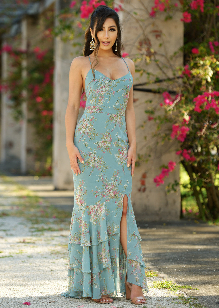 Greta Maxi Dress - Floral Print Teal Long Dress for Women | Perfect for Summer, Beach, and Casual Outings