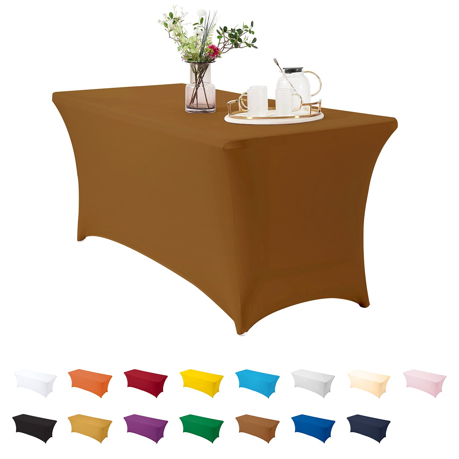 ManMengJi 6 ft Spandex Table Cover - Stretchable Fitted Tablecloth for Standard Folding Tables, Universal Rectangular Tablecloth for Wedding, Banquet, Party & Events (Brown) - Perfect for Indoor & Outdoor Decorations, Catering, and Home Dining