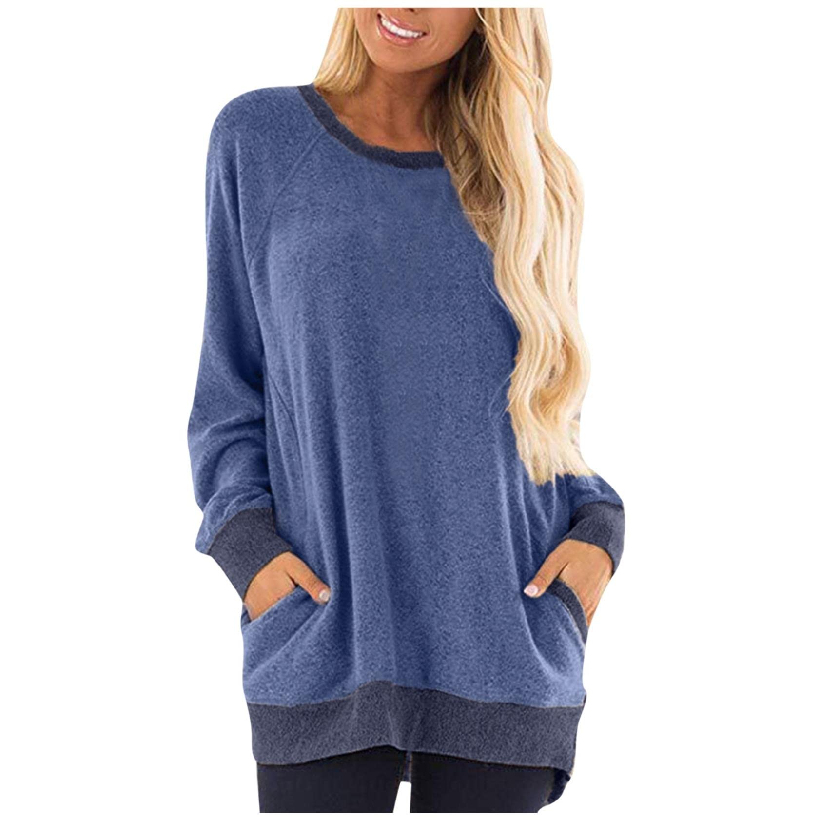 Women's Casual Color Block Long Sleeve T-Shirt with Pocket - Round Neck Blouse & Sweatshirt Top | Perfect for Work, Weekend & Layering