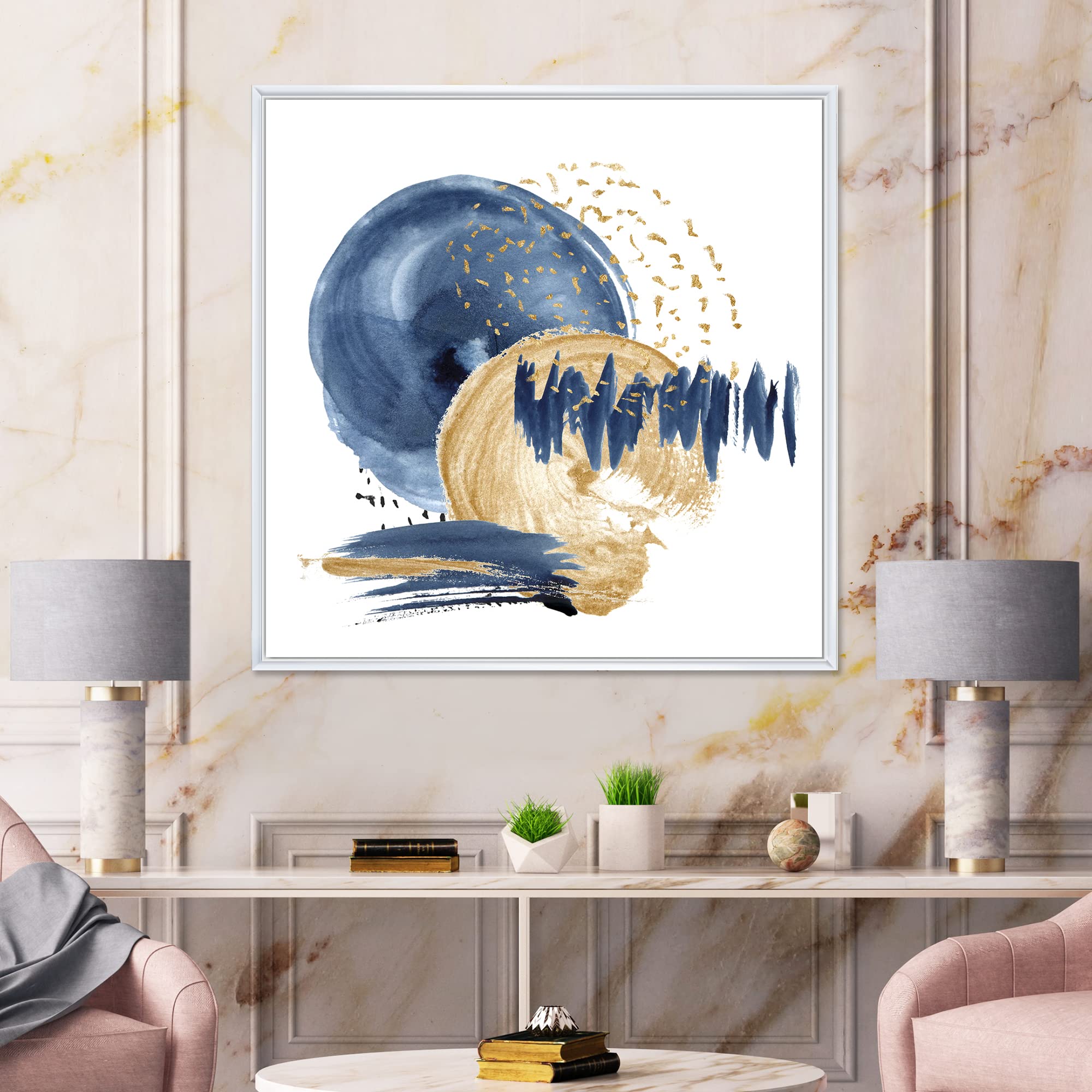 DesignQ Dark Blue & Gold Abstract Ocean Circle Texture - Modern Framed Canvas Wall Art Print for Living Room & Bedroom Decor