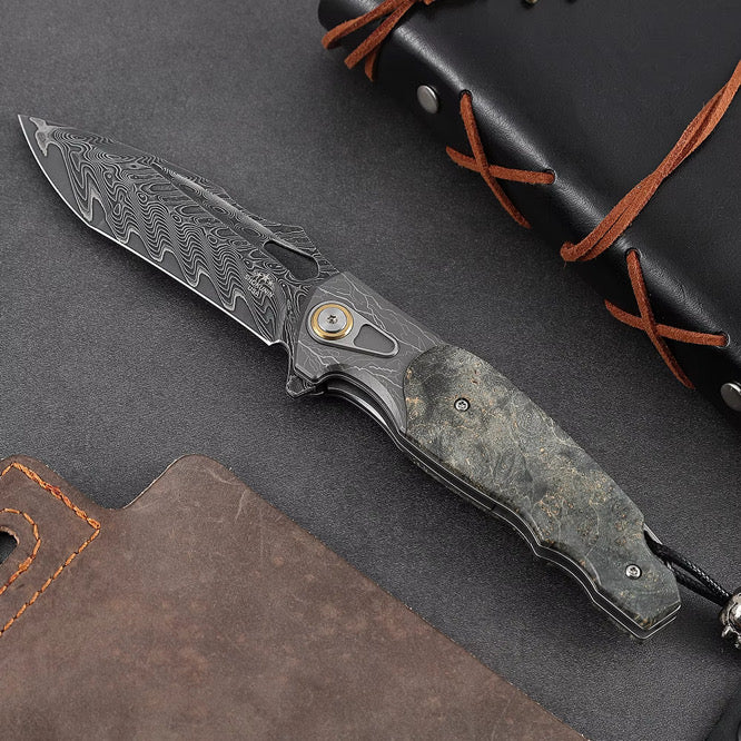 Premium Japanese Damascus VG10 Steel Pocket Knife with Stained Maple Burl Handle - Perfect for Camping, Hiking, and Everyday Carry (EDC)