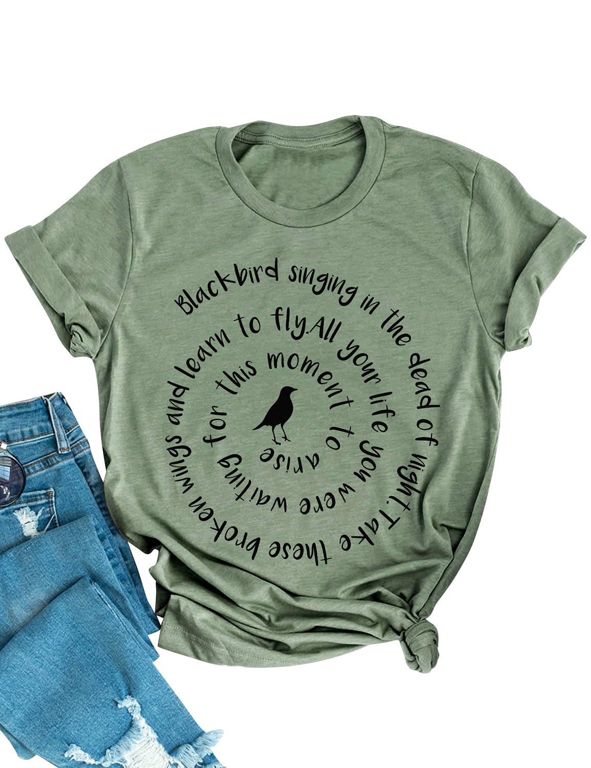 ZXZY Women's Short Sleeve Blackbird Singing Letter Graphic Printed T-Shirt - Casual Summer Top for Streetwear, Music Lovers & Graphic Tee Enthusiasts