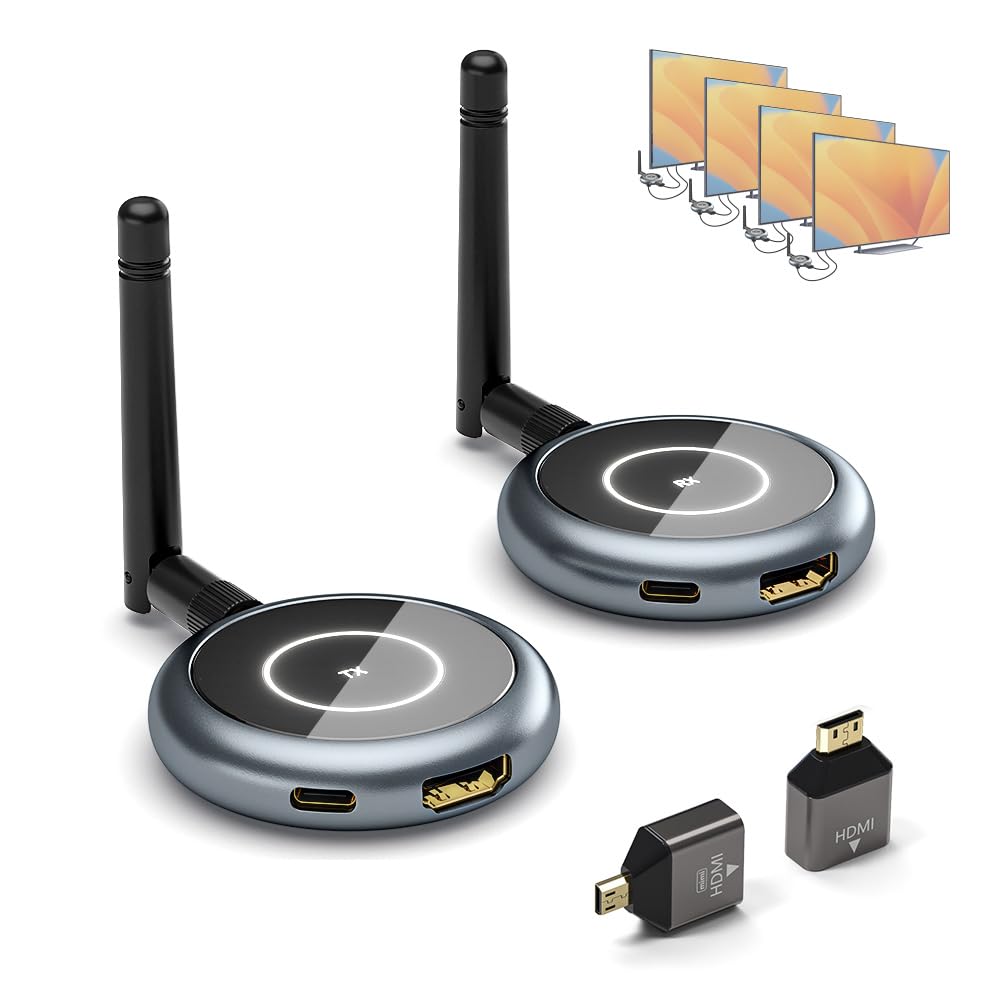 AIMIBO Wireless HDMI Extender 1X4 with Multiple Receivers - 5G HDMI Wireless Transmitter & Receiver for 1080P@60Hz Streaming - Use Phone as Monitor via App - Works with Laptop, TV Box, DSLR to TV (165FT/50M Range) - Perfect for Home Theater, Gaming, and Presentations