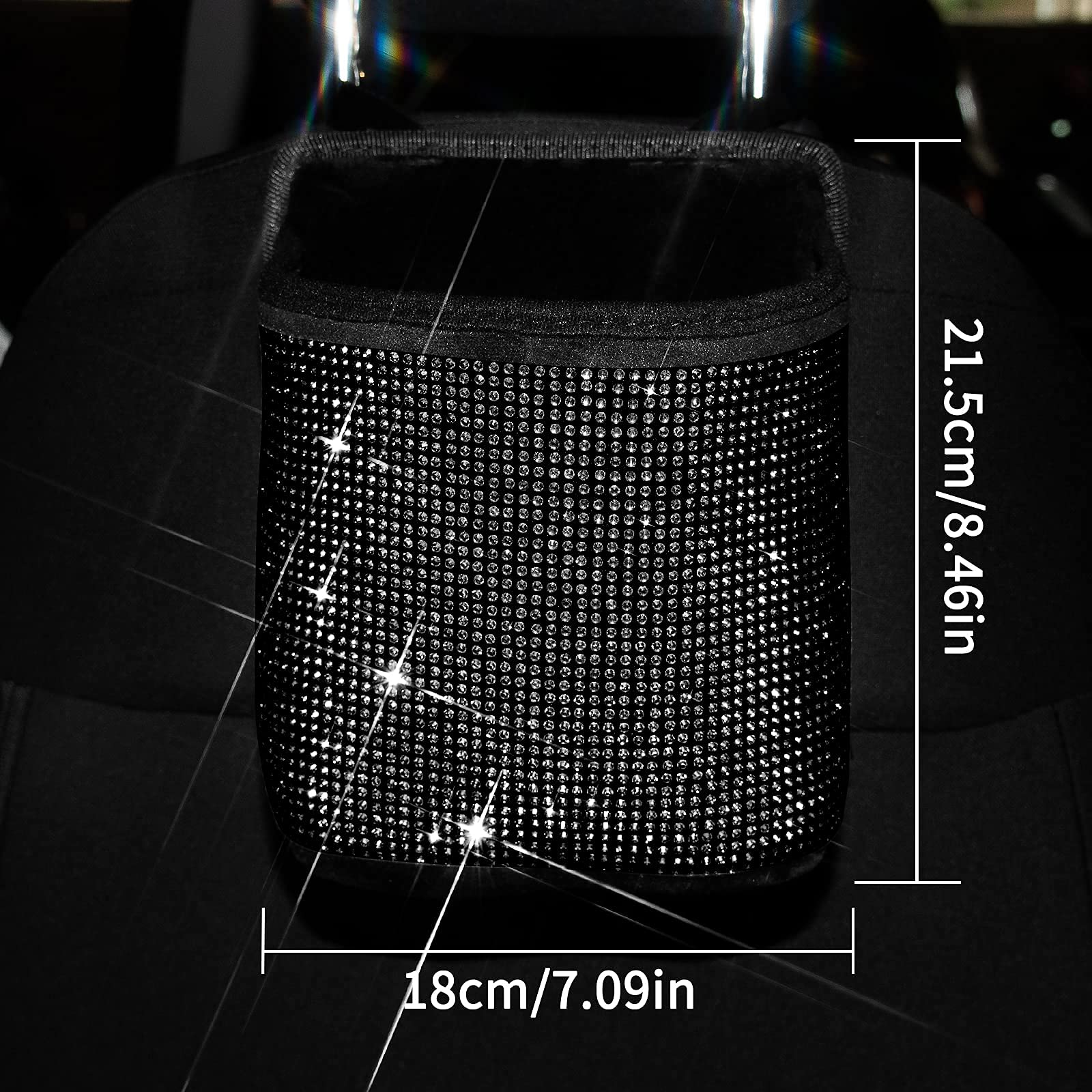 Premium Bling Crystal Car Seat Organizer - 2 Pack Black Diamond Car Accessories for Front/Back Seats | Travel Caddy Bag & Practical Garbage Pocket Bin | Perfect for Road Trips, Commuting & Family Travel