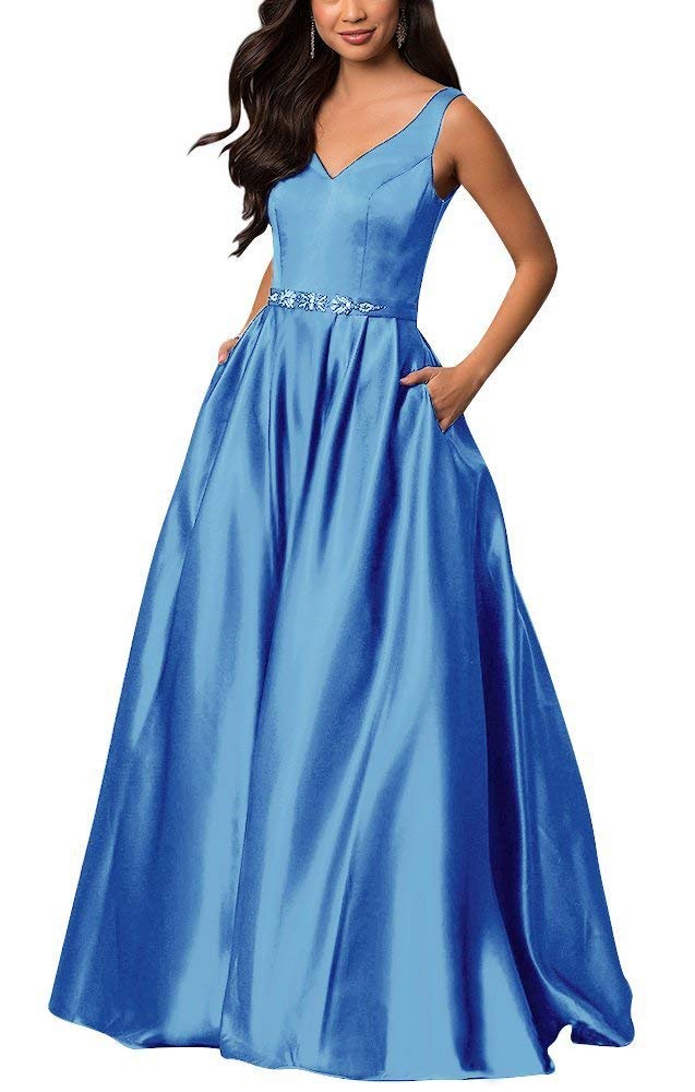 Elegant Long V-Neck Beaded Satin Prom Dresses with Pockets - Formal Evening Gowns for Homecoming, Wedding Party & Special Occasions | liangjinsmkj