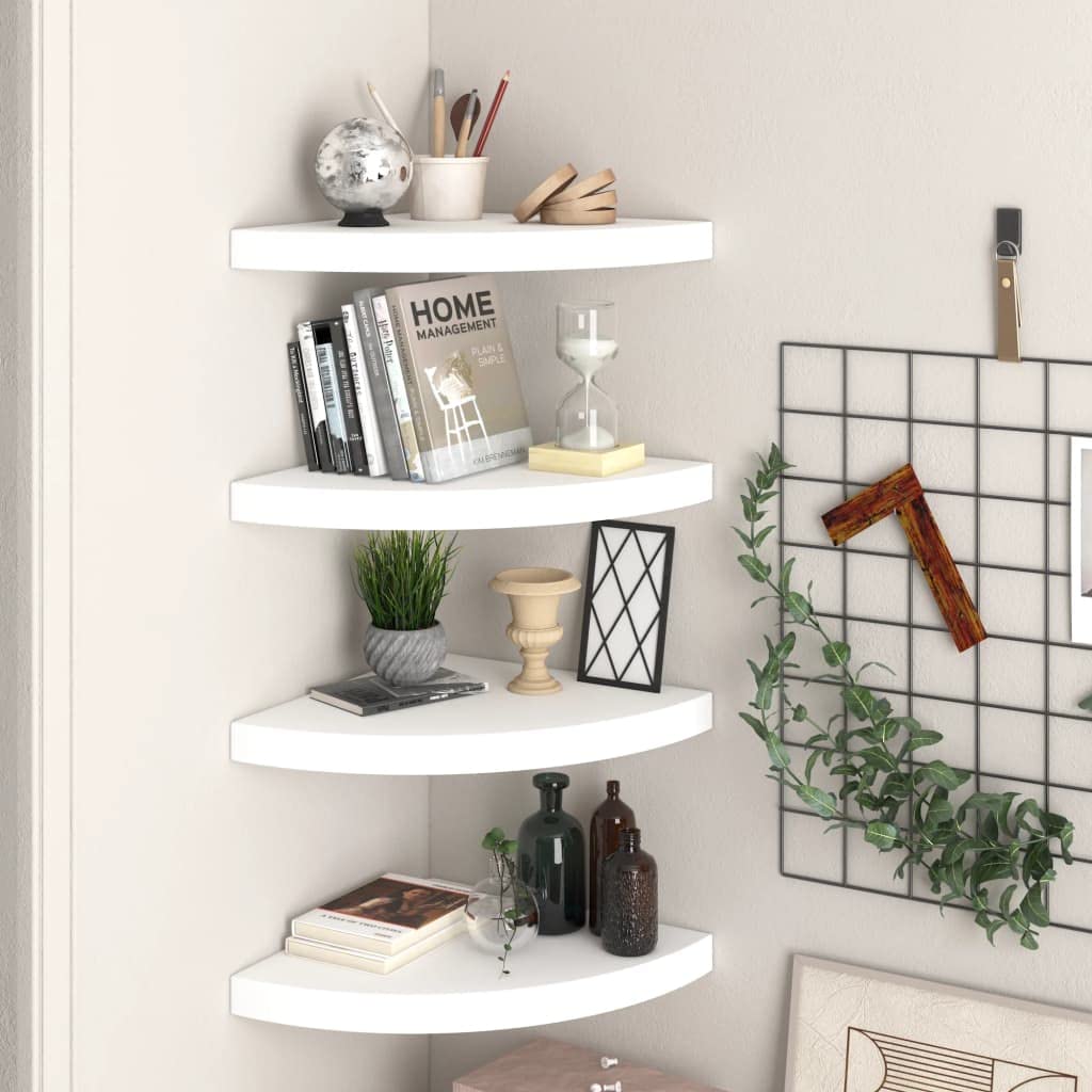 Modern Floating Corner Shelves Set of 4 - White MDF Wall Mounted Storage Shelf 13.8