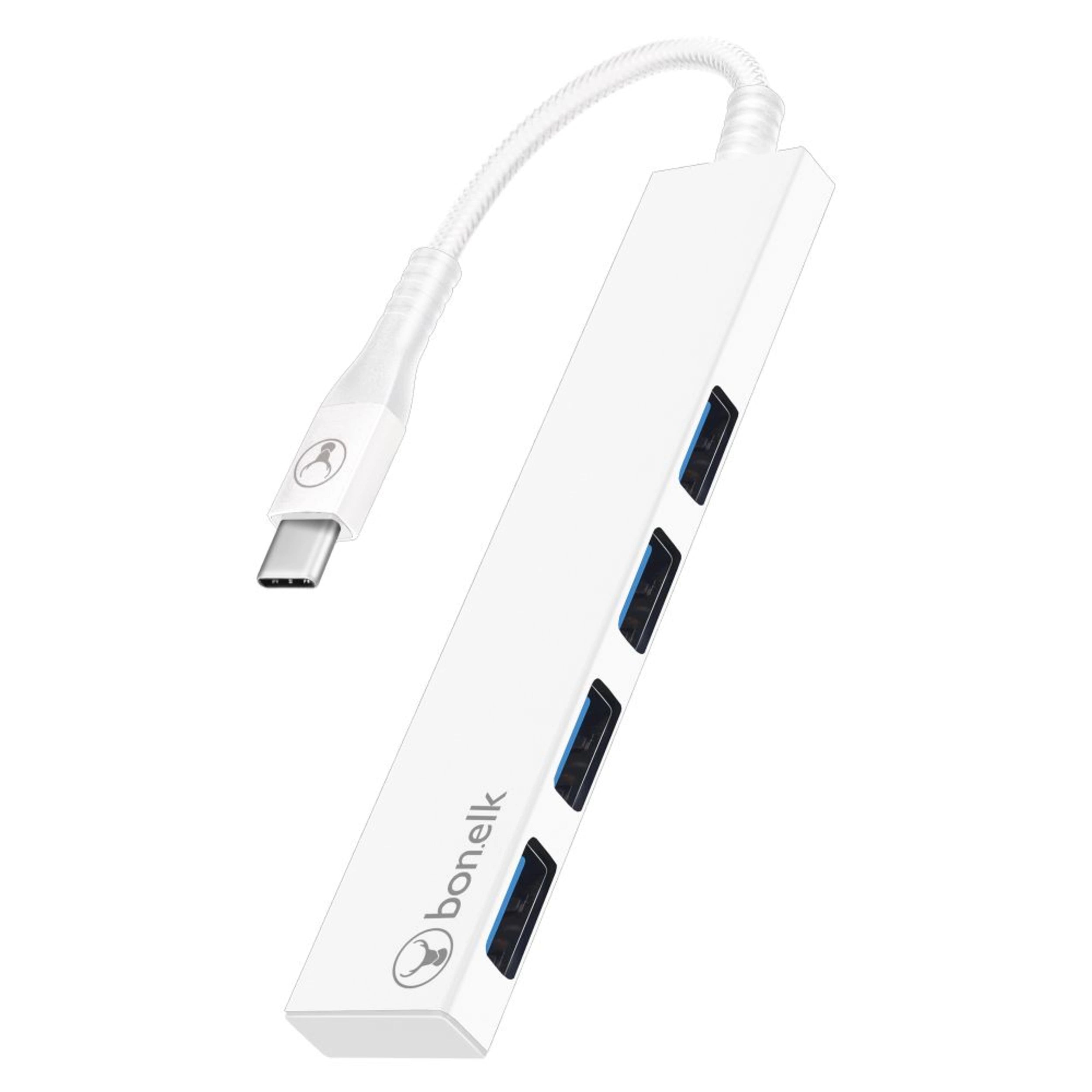 Bonelk 4-Port USB 3.0 Hub with USB-C Connector - Slim & Portable Multi-Port Adapter for Laptop, PC, MacBook - Fast Data Transfer & Charging (White) - Perfect for Home Office, Travel & Workspace Setup