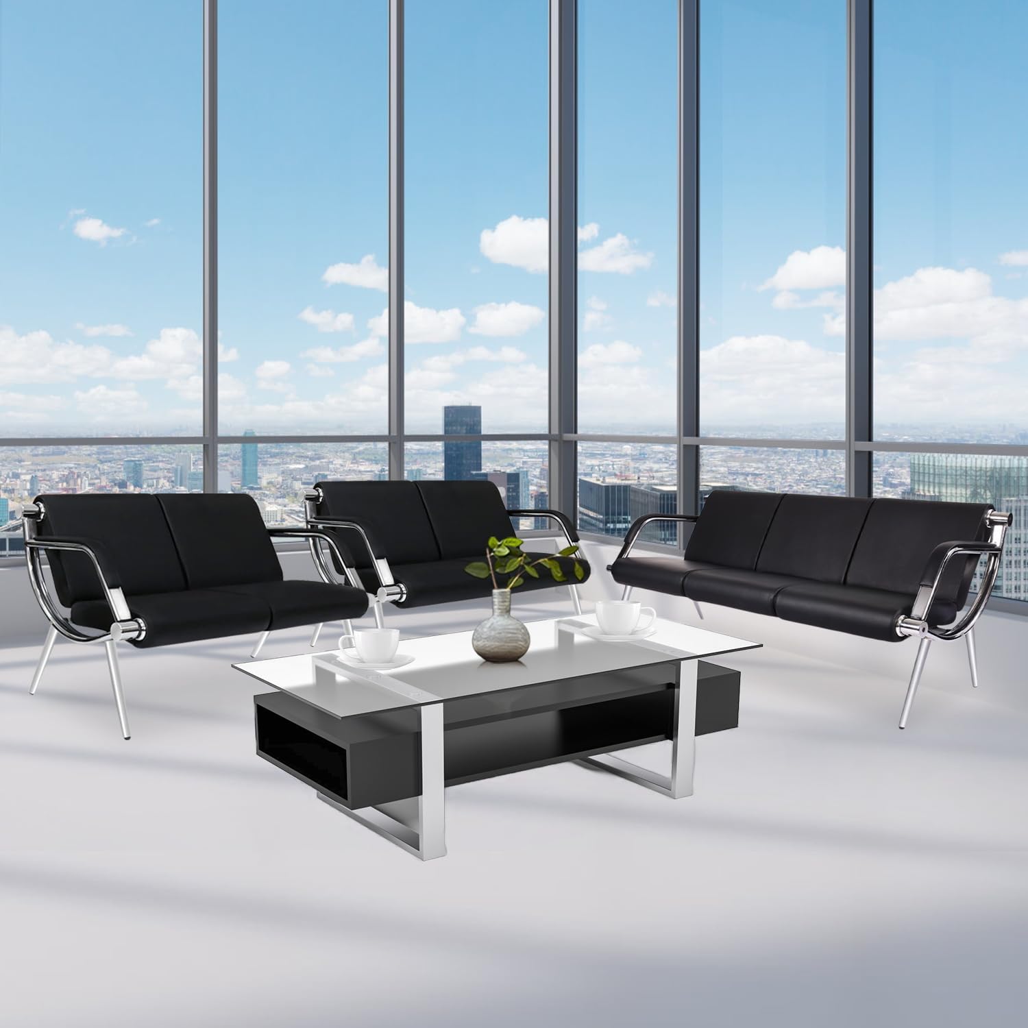 Kinsuite 3-Seat Office Reception Waiting Room Sofa - Black PU Leather Guest Chairs for Salon, Barber Shop, Airport, Bank Lobby & Visitor Areas - Perfect for Professional Waiting Rooms & Reception Areas