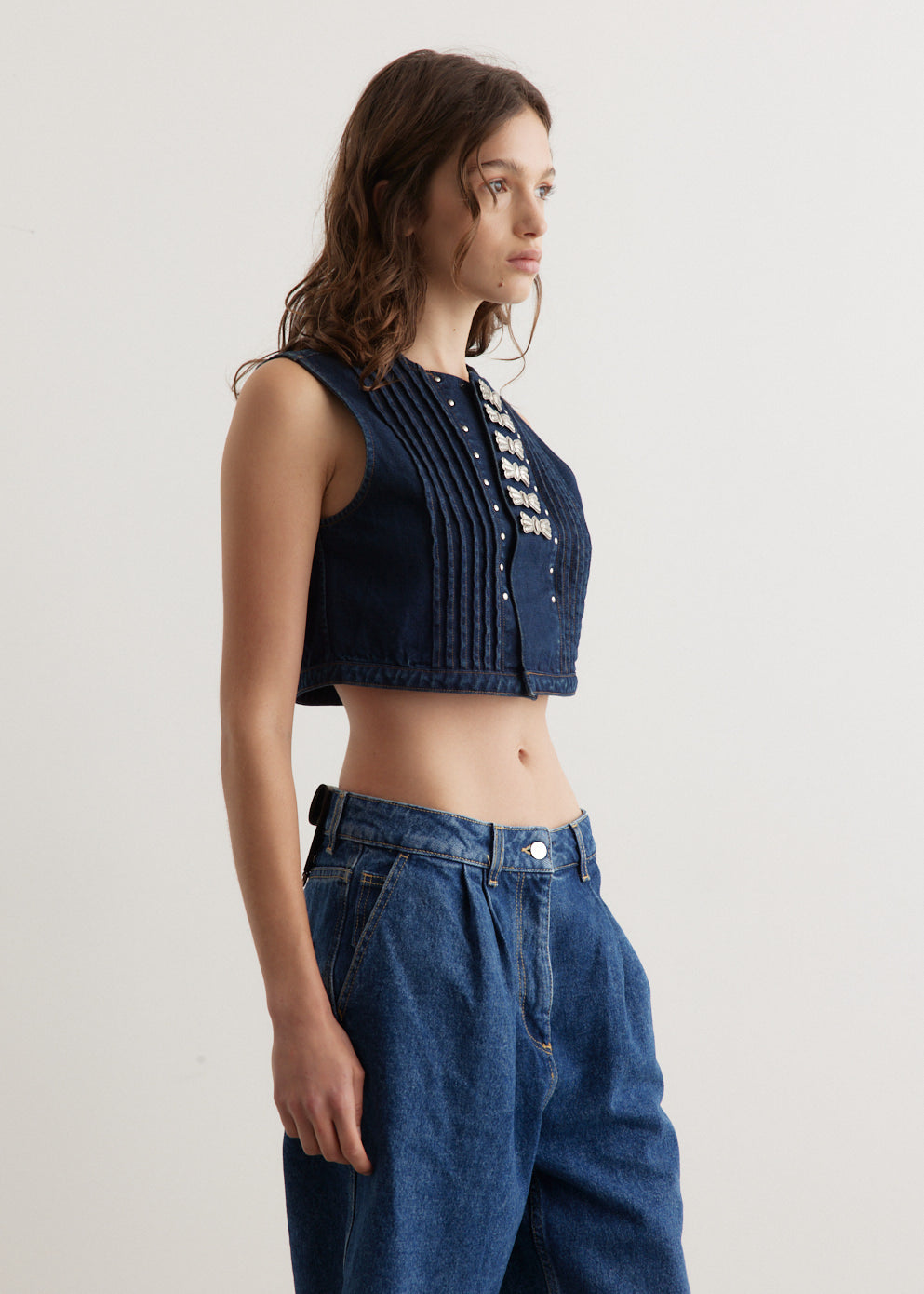 11.5oz Denim Cropped Butterfly Concho Gilet Vest for Women - Western Style Jacket with Embroidered Details - Perfect for Music Festivals, Rodeos & Boho Outfits