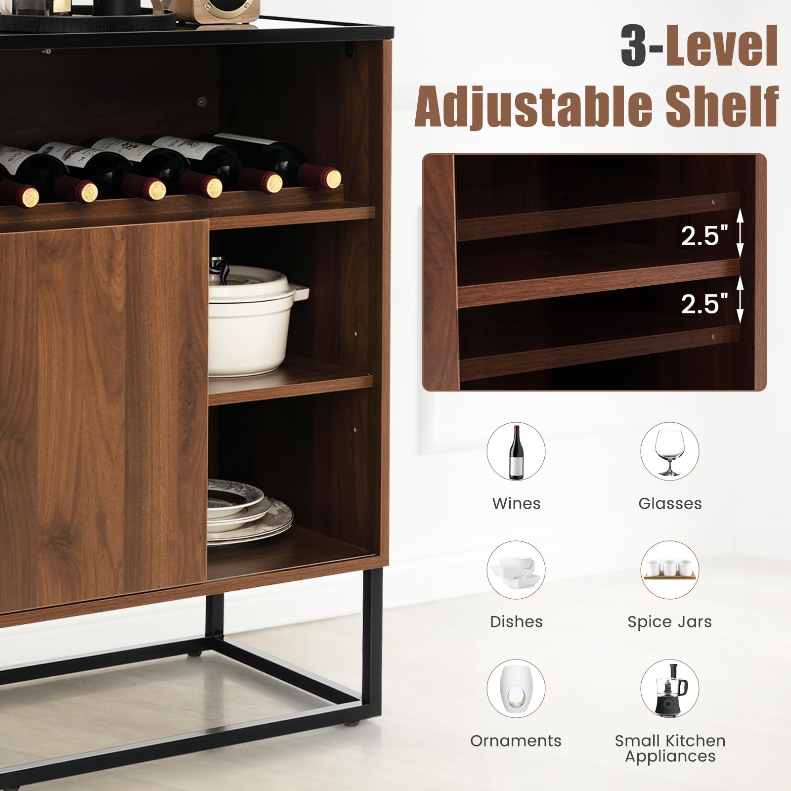 Giantex Wine Bar Cabinet with Tempered Glass Top - Freestanding Sideboard Buffet with Adjustable Feet, Shelf & Sliding Door - Perfect for Living Room, Dining Room, Kitchen & Home Bar Storage