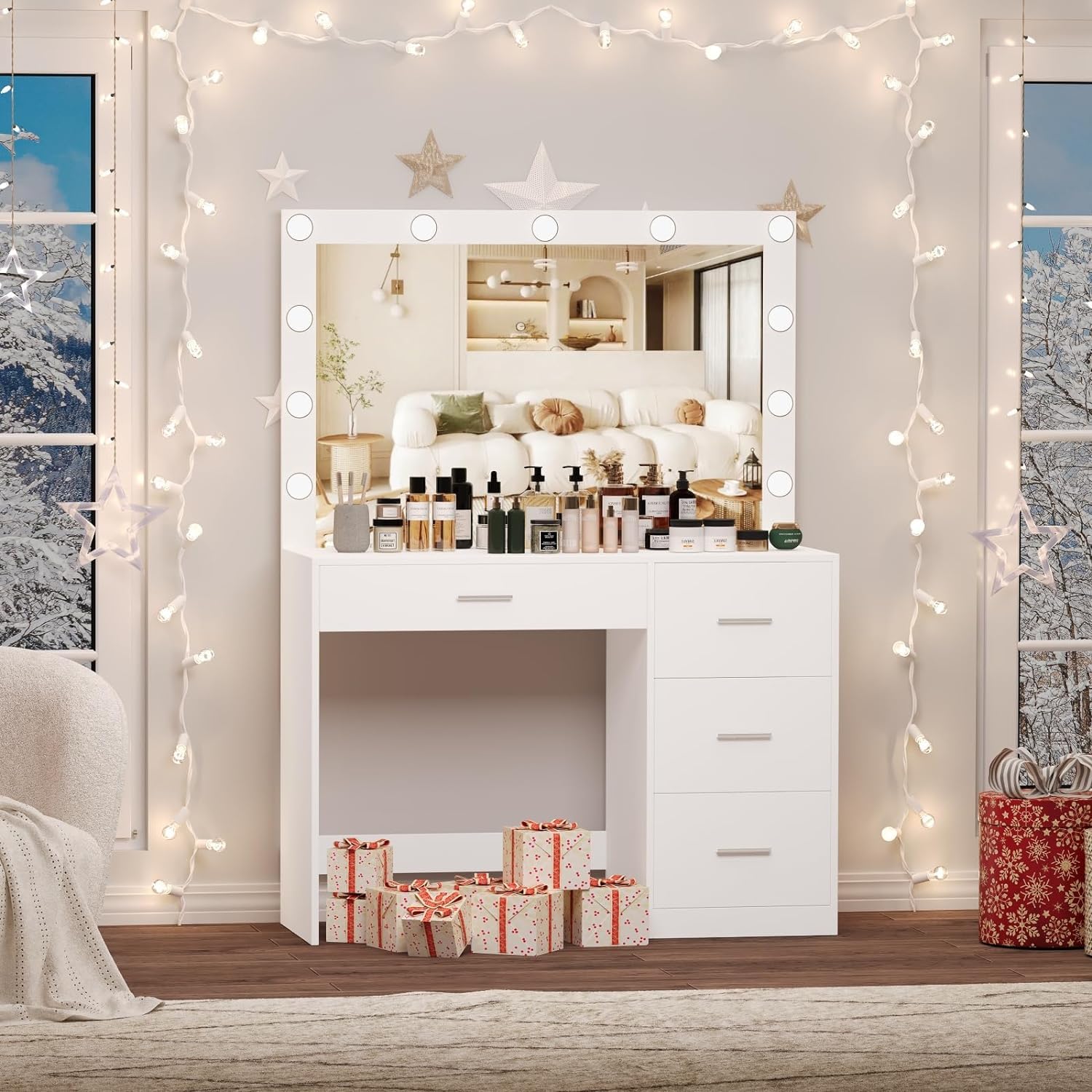 Irontar Makeup Vanity Table with Large Mirror & 11 Adjustable LED Lights, White Dressing Desk with 4 Drawers - Perfect Bedroom Vanity for Women | Ideal for Makeup Application, Skincare Routine & Home Decor