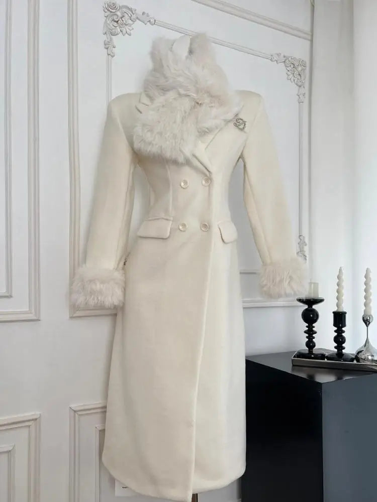 2024 Women's Winter Plush Double-Sided Wool Coat - Vintage Double-Breasted Mid-Length Jacket in White for Autumn & Winter | Office, Dating & Holiday Outfits