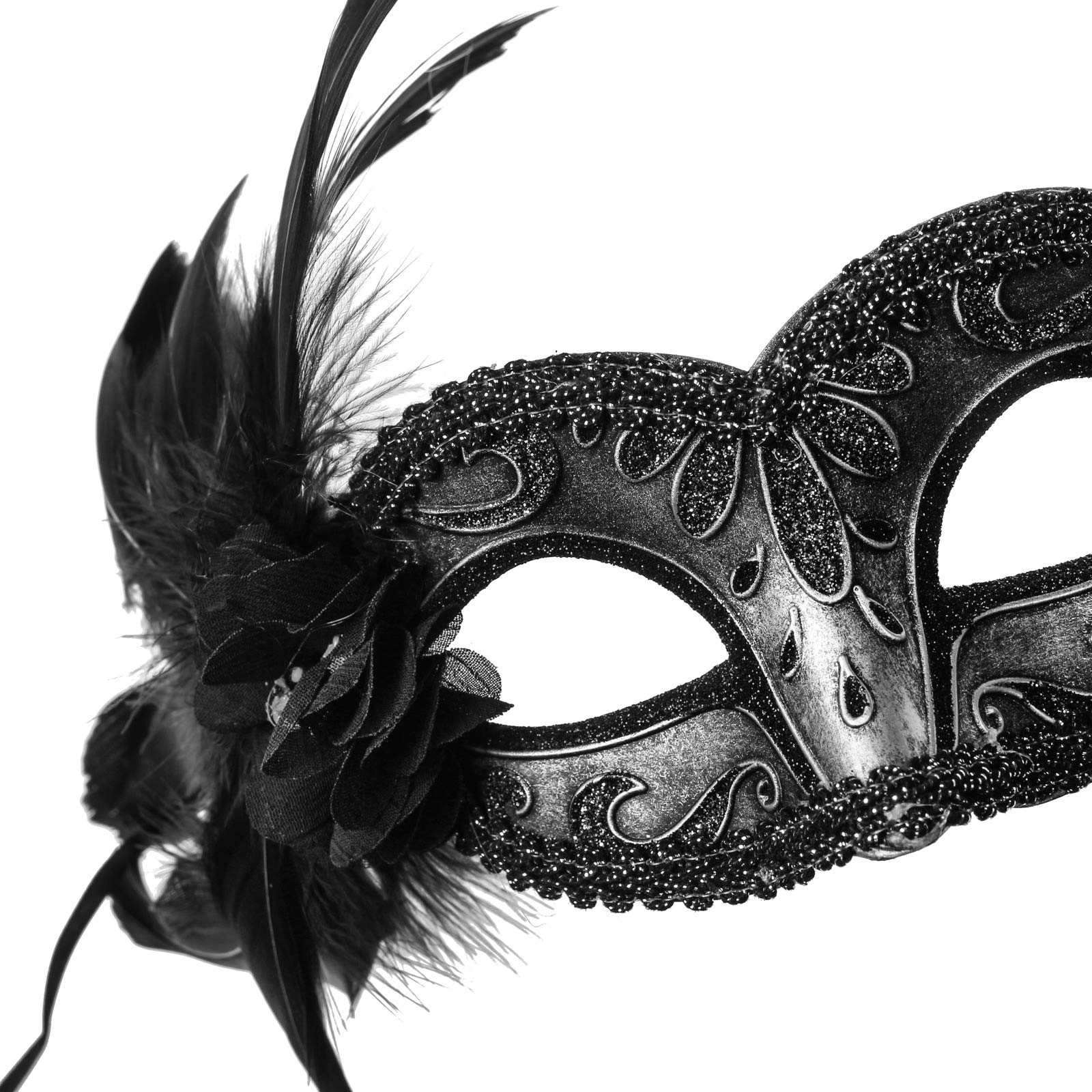 Venetian Masquerade Feather & Lace Party Mask - Elegant Dark Silver Masquerade Mask for Costume Parties, Halloween, Balls & Venetian Carnival | Perfect for Mardi Gras, Themed Events & Cosplay