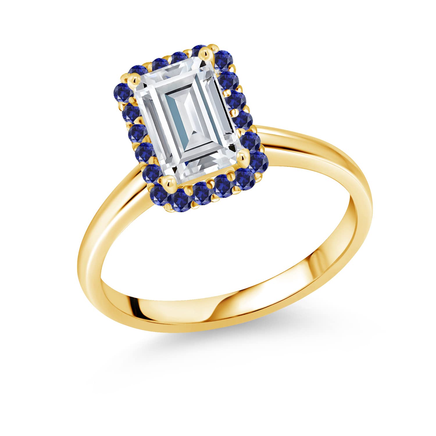 10K Yellow Gold Blue Created Sapphire and Moissanite Ring Set (1.20 Cttw) - Elegant Wedding Band, Anniversary Gift for Her, Perfect for Engagement, Valentine's Day & Special Occasions