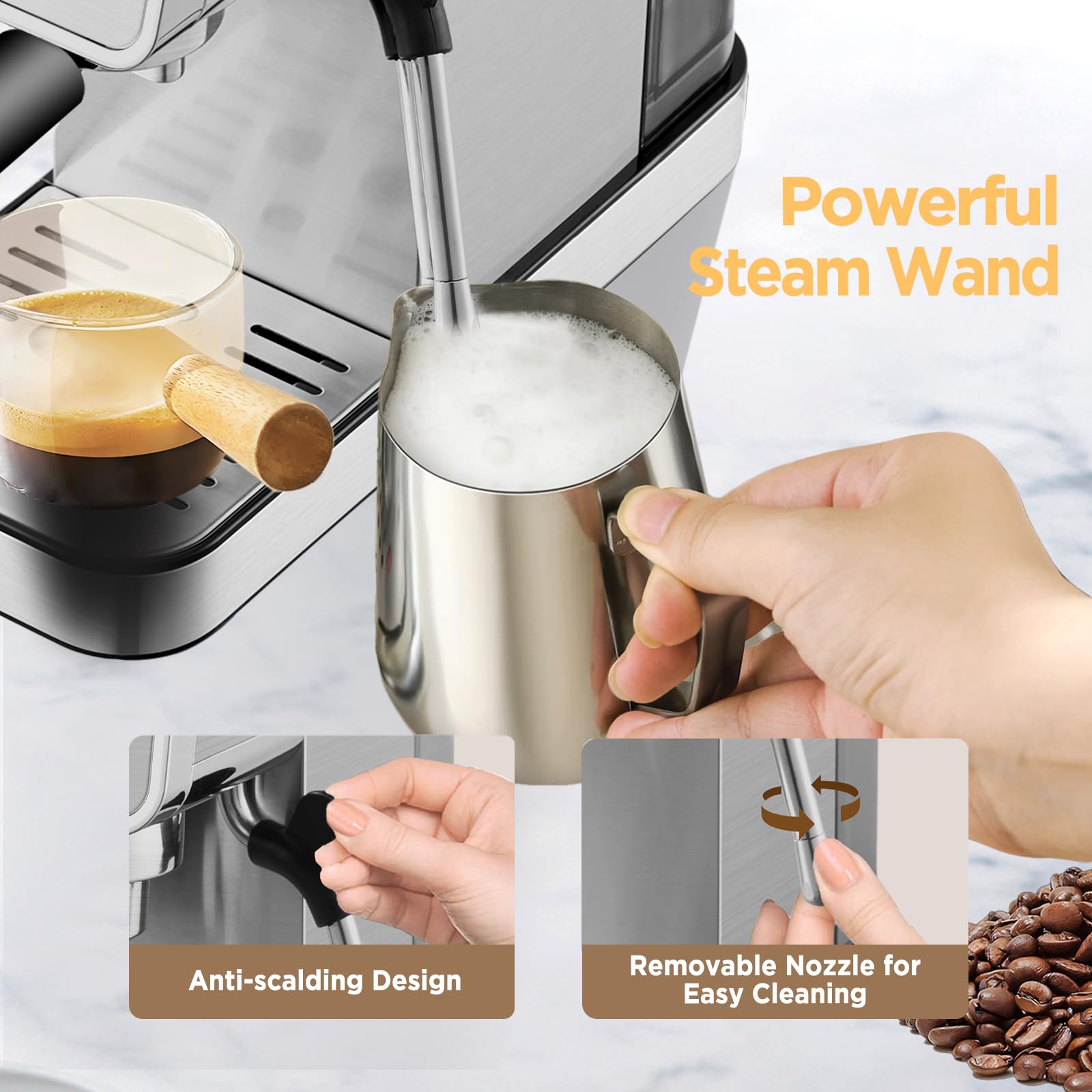 15 Bar Semi-Automatic Espresso Machine with Milk Frother - Compact Stainless Steel Coffee Maker for Home, 40oz Removable Water Tank - Perfect for Brewing Cappuccino, Latte & Americano | Ideal for Kitchen, Office & Small Spaces