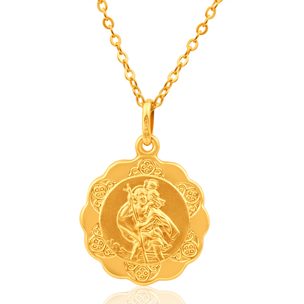 9ct Yellow Gold 18mm St Christopher Pendant Necklace for Men & Women - Religious Jewelry Gift for Travel Protection & Safe Journey