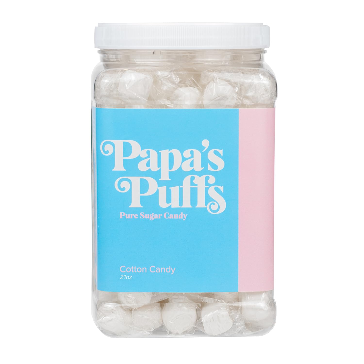 Papa's Puffs Cotton Candy Flavored Pure Sugar Candy - Individually Wrapped Resealable Tub - Fat Free, Gluten Free, Cholesterol Free - Made in USA - Perfect for Parties, Gifts & Sweet Cravings