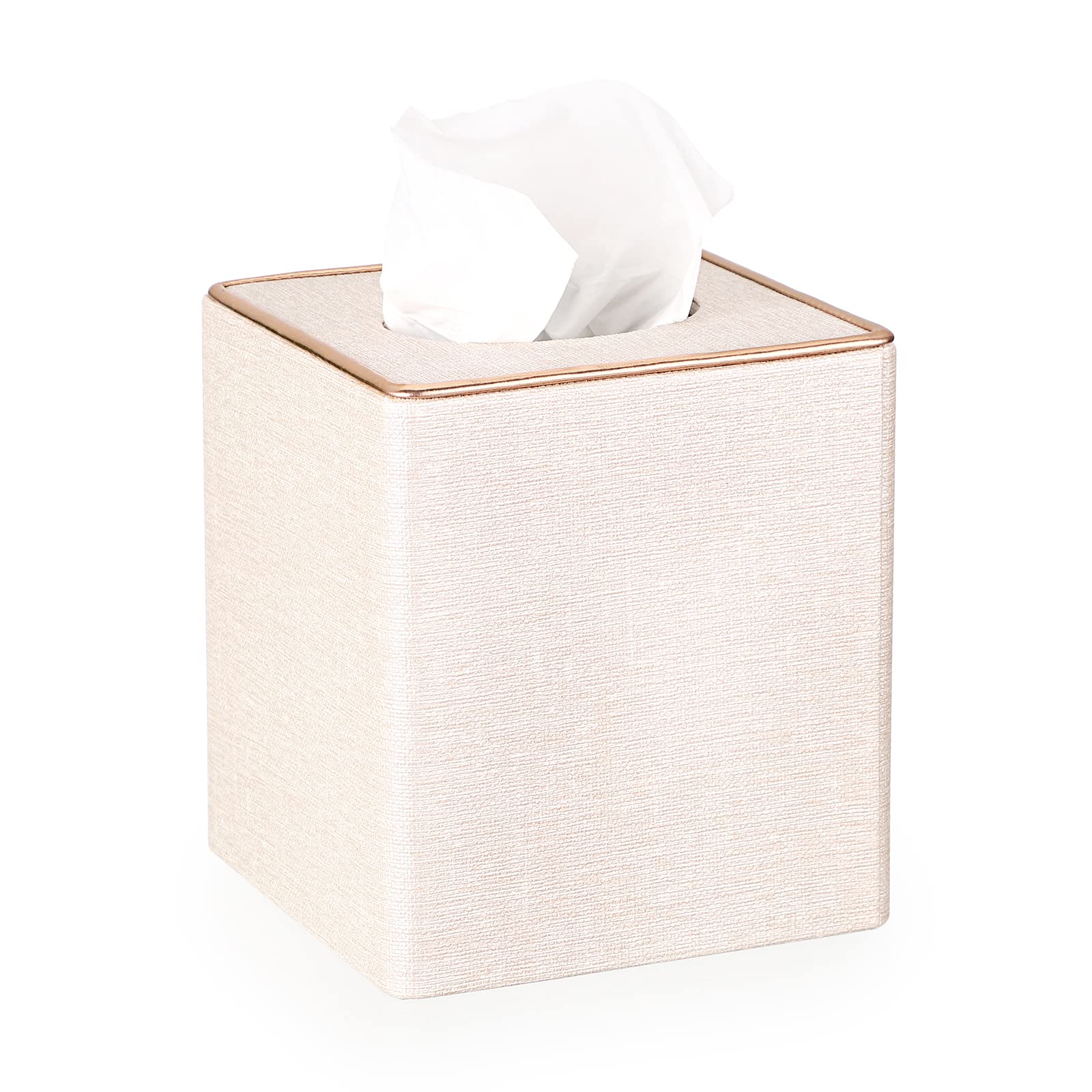 Sumnacon Square Linen Tissue Box Cover - Stylish Magnetic Cube Tissue Holder for Vanity, Dresser, Nightstand & Office | Decorative Beige Home Decor | Perfect for Bathroom, Bedroom & Car Organization