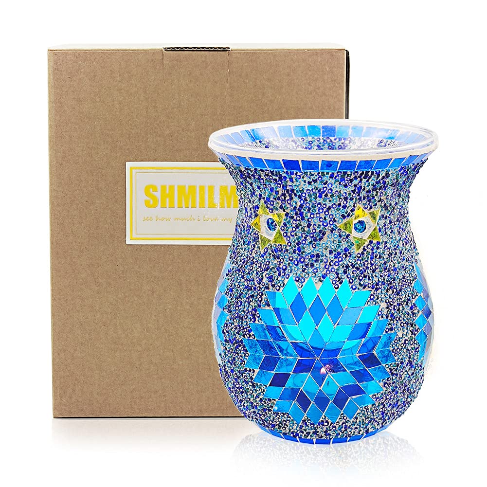 SHMILMH Mosaic Glass Essential Oil Burner - Navy Blue Tealight Candle Holder, Fragrance Warmer & Aroma Diffuser for Home, Spa, Yoga | Christmas Table Decor, Gift Idea