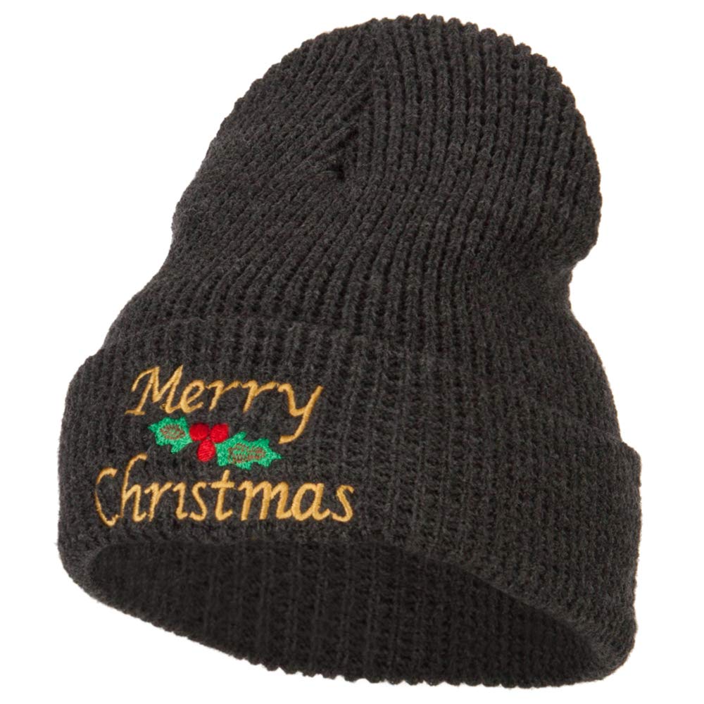 Merry Christmas Mistletoe Embroidered Stretchy Waffle Cuff Beanie Hat - Cozy Winter Knit Cap for Holiday Parties & Outdoor Activities | e4Hats.com