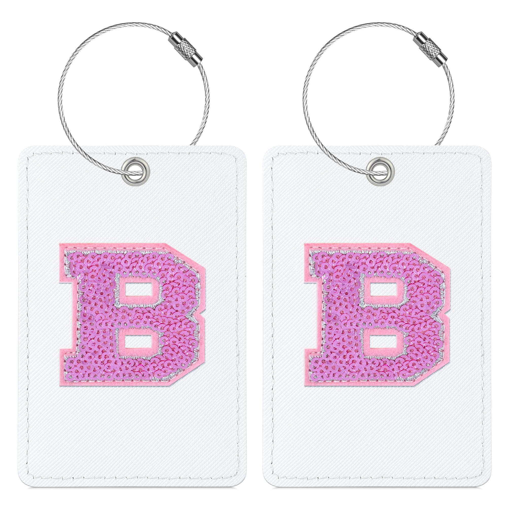 Personalized Initial Luggage Tags - 2 PCS Cute Sequin Letter PU Leather Travel Baggage ID Tags with Steel Loops for Women, Kids & Teens (B Initial, White Leather + Hot Pink Letter) | Perfect for Suitcases, Backpacks & Travel Accessories