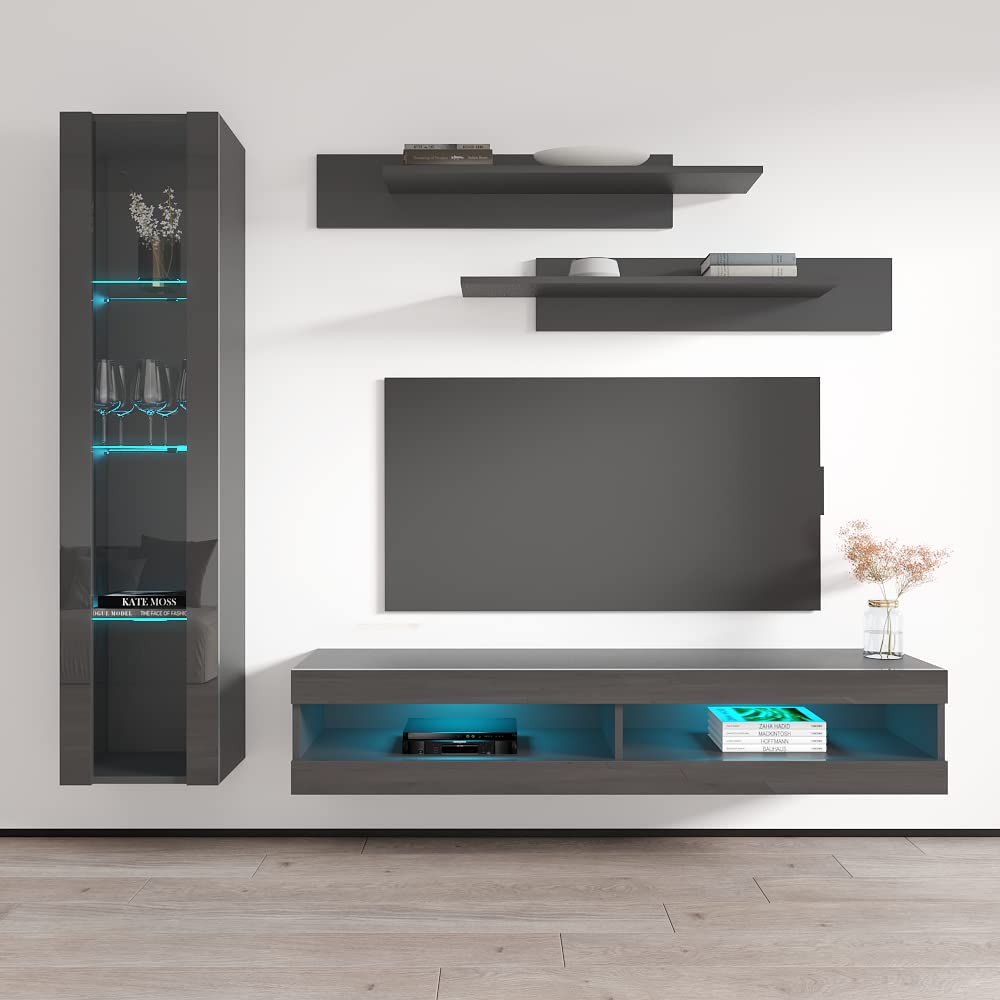 Modern Gray Wall-Mounted TV Stand with Storage Shelves & LED Lights - Meble Fly G 34 Entertainment Center for Bedroom & Living Room - Space-Saving Media Console for Small Apartments & Home Theater Setup