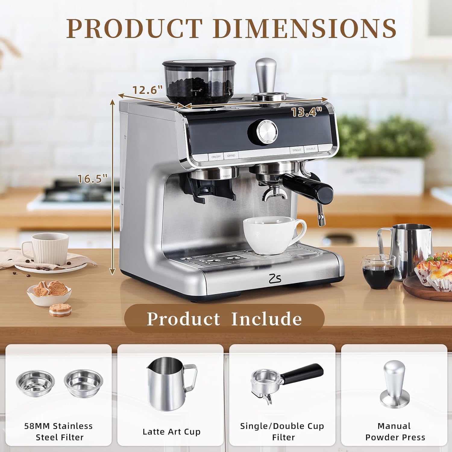 Premium Espresso Machine with Built-in Grinder & Milk Frother - 2.8L Water Tank for Cappuccino, Latte & Macchiato - Stainless Steel Coffee Maker for Home & Office Use