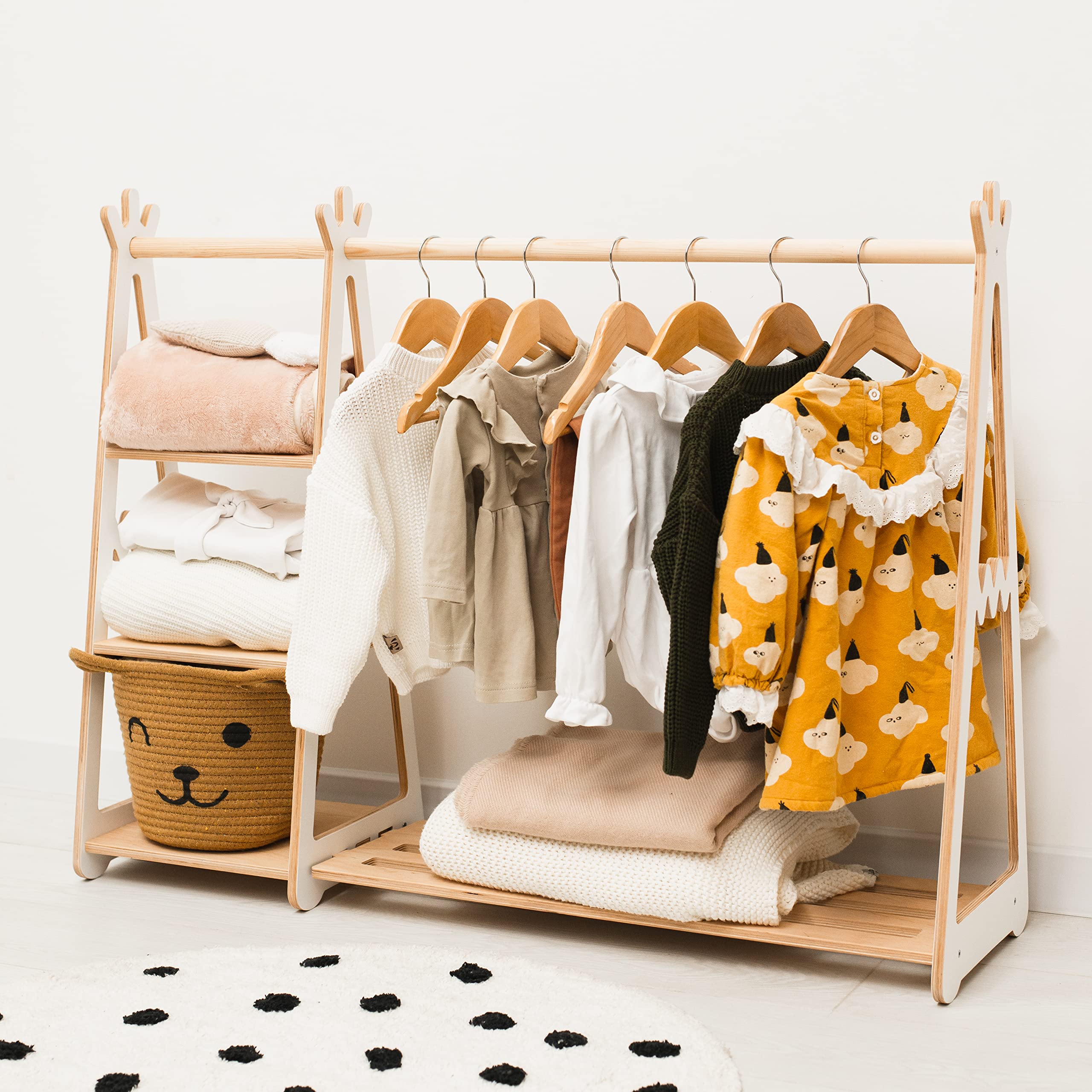 Montessori Teepee Style Kids Clothing Rack - Natural Wood Toddler Clothes Shelf with Shelves for Playroom & Nursery Storage - Perfect Gift for 2nd & 3rd Birthday (Pink) | Organize Baby Clothes, Toys & Neutral Room Decor