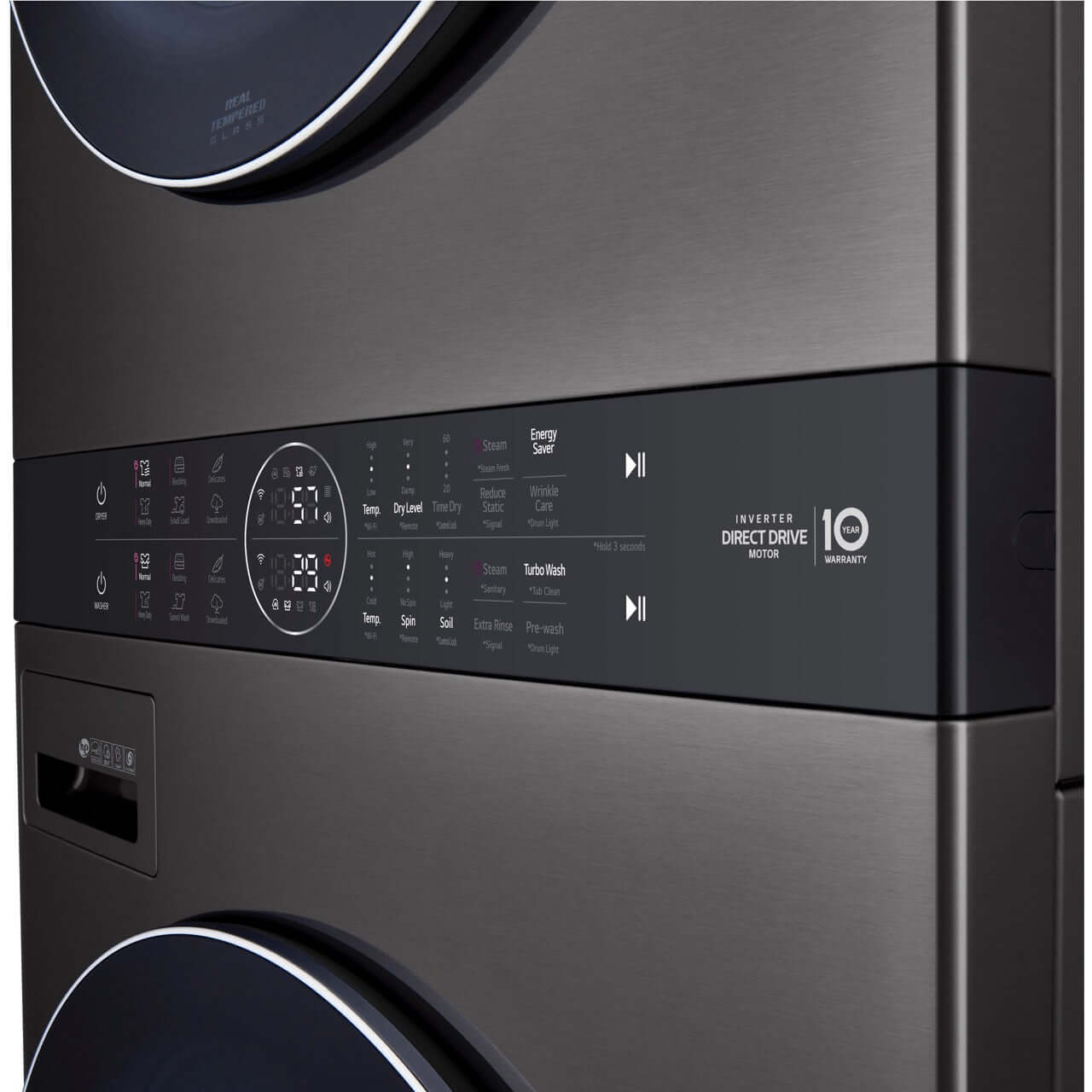 LG WKGX201HBA Gas WashTower with Center Control - Black Steel Single Unit for Modern Kitchens | Perfect for Small Homes & Apartments