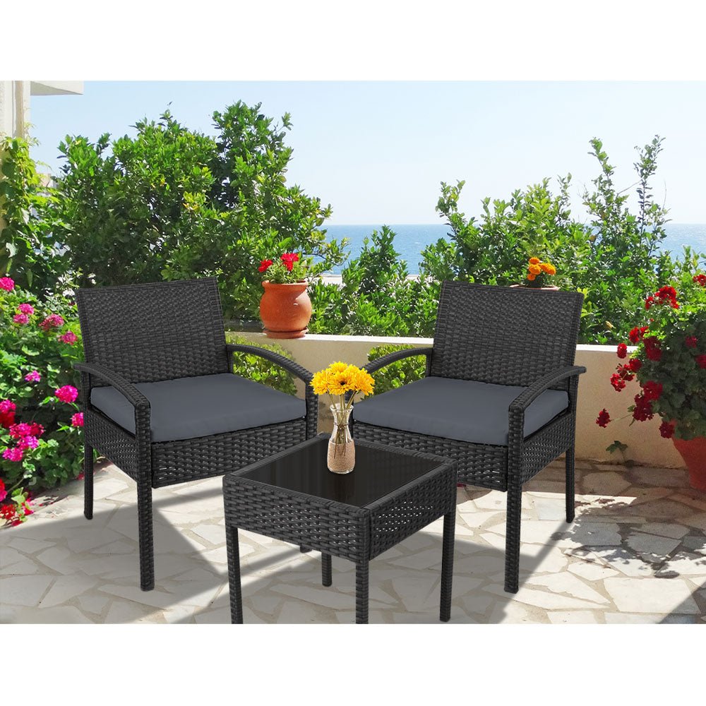 3-Piece Patio Furniture Bistro Set - Black Wicker Outdoor Lounge Chairs & Table for Garden, Balcony, or Backyard Relaxation