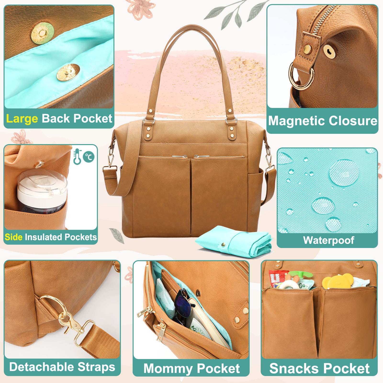 Premium Leather Diaper Bag Backpack for Moms - Large Convertible Tote with 14 Pockets, 4 Insulated Compartments & Changing Pad | Stylish Baby Essentials Organizer for Travel, Work & Daily Outings