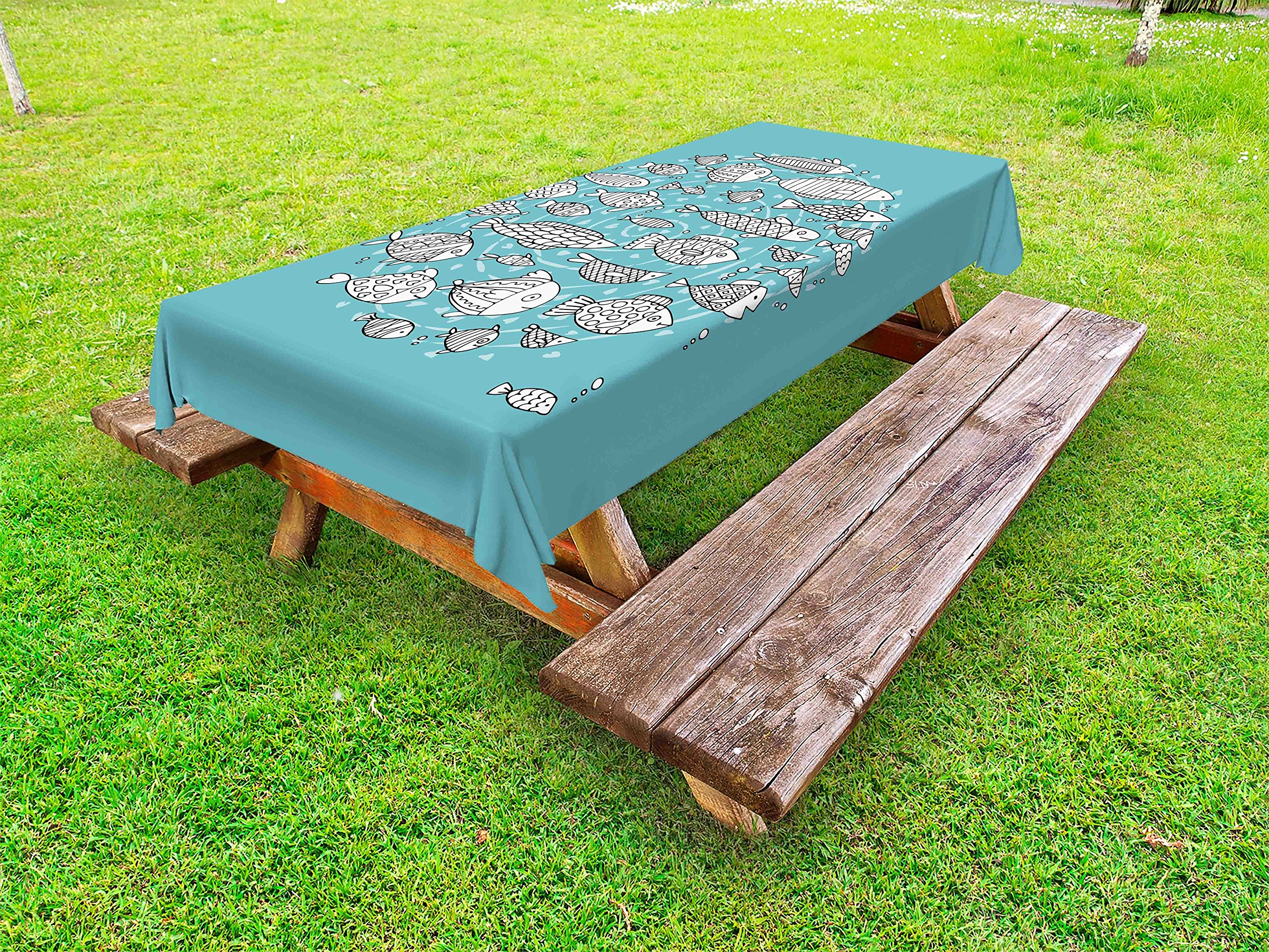 Ambesonne Waterproof Outdoor Tablecloth - Fish Community Ocean Theme, Cartoon Playroom Design, Washable Picnic Table Cover 58x120 Inches, Pale Blue & White - Perfect for Beach Parties, Backyard BBQs, and Kids Birthday Decorations
