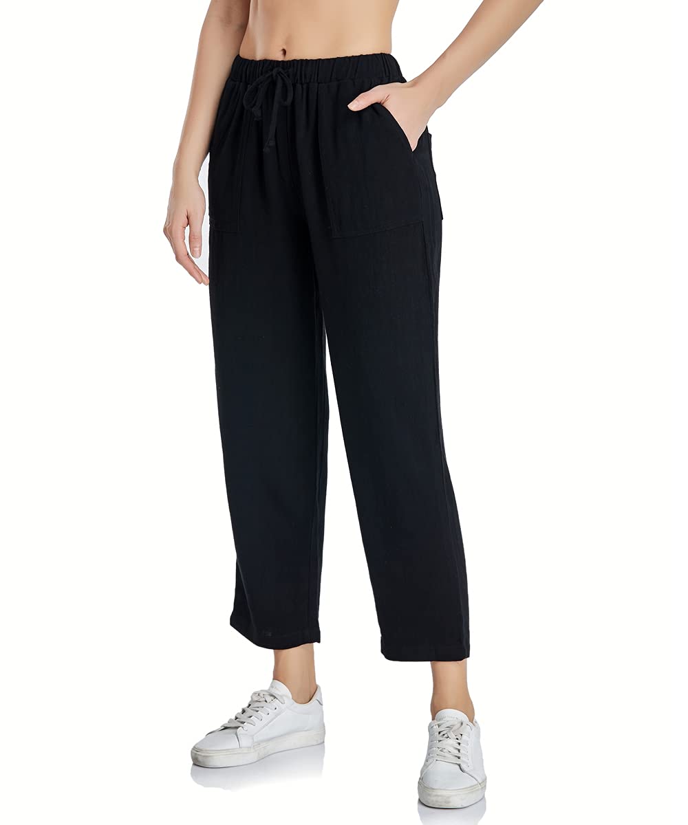PEIQI Women's Linen Cropped Pants - Loose Fit Drawstring Elastic Waist Lounge Pants for Summer | Comfortable Casual Wear for Yoga, Beach, and Home Relaxation