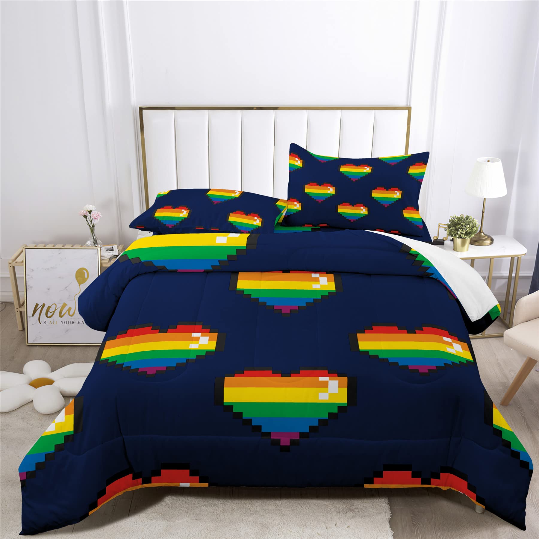 Rainbow Love LGBTQ+ Couples Comforter Set - 1 Comforter + 2 Pillow Shams (3PCS) or 4-Piece Sheet Set (D, TWIN, QUEEN) - Vibrant Pride Bedding for Gay & Lesbian Couples - Perfect for Pride Month, Anniversary Gifts & Romantic Bedroom Decor