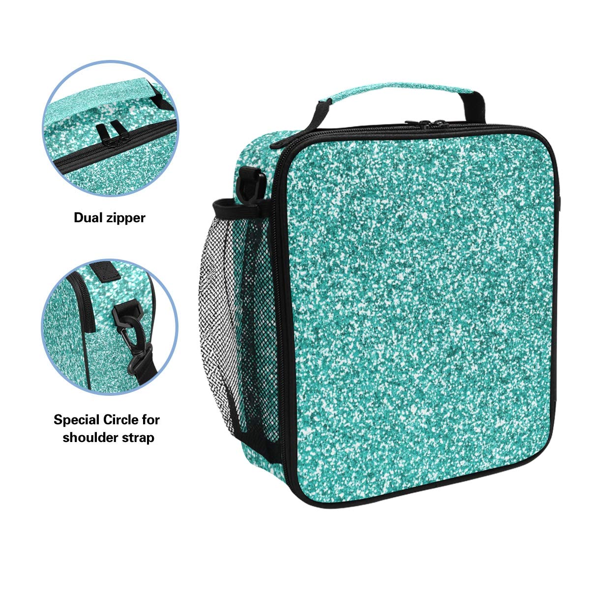Glittery Teal Insulated Lunch Box - Large Thermal Lunch Bag for Women, Men & Kids - Meal Prep Cooler & Warmer with Adjustable Shoulder Strap - Perfect for School, Work, Picnics & Outdoor Activities