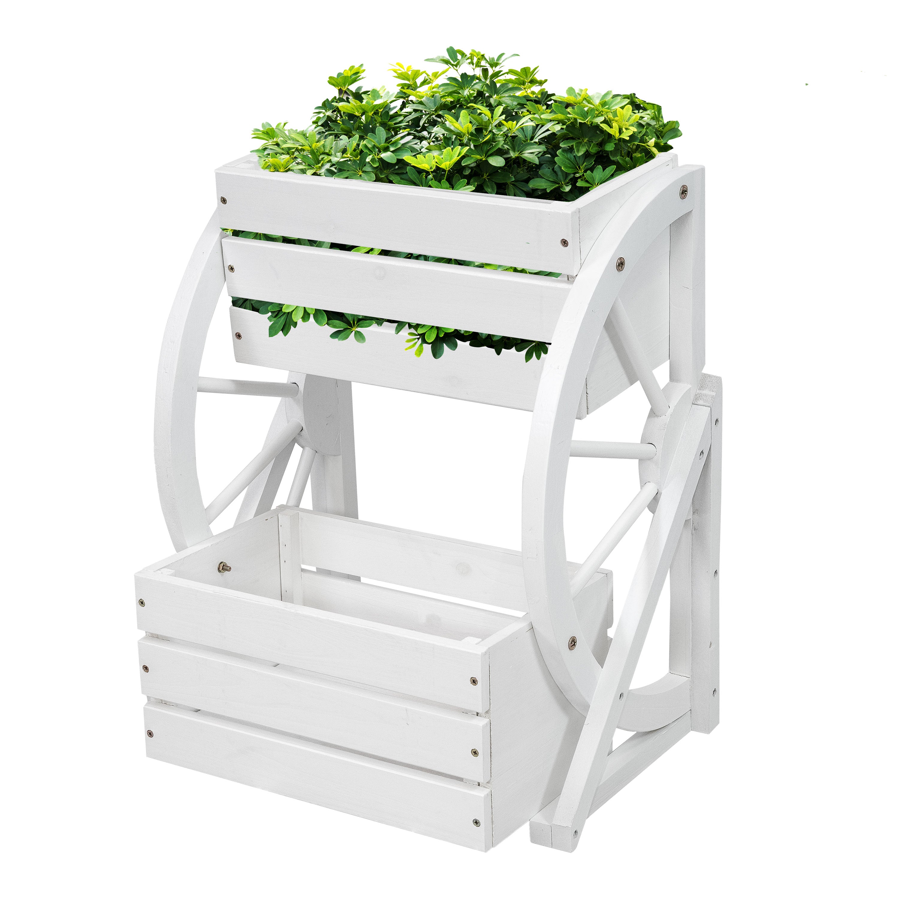 Rustic Wood Wagon Wheel 2-Tier Plant Stand for Indoor & Outdoor Decor - Perfect for Patio, Garden, or Farmhouse Style Home