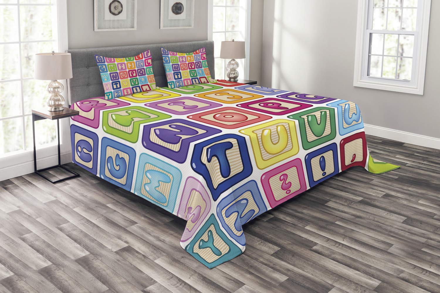 Ambesonne Cartoon Alphabet Blocks Balloon Bedspread Set - 3 Piece King Size Bedding with 2 Pillow Shams, Colorful ABC Design for Kids Room Decor | Perfect for Children's Bedroom, Nursery, or Playroom
