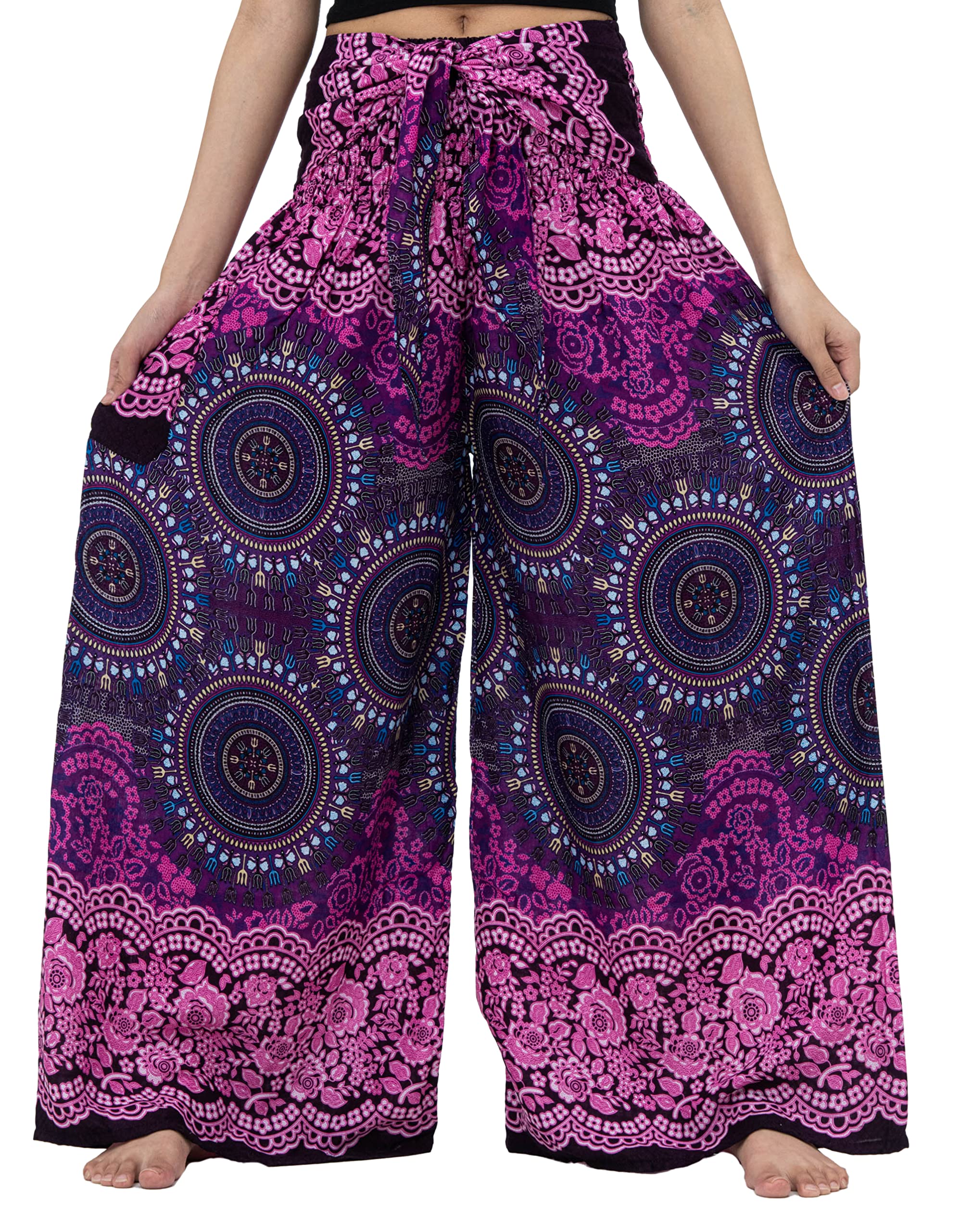 B BANGKOK PANTS - Women's Boho Palazzo Pants, Yoga Wide Leg Pants for Women, Comfortable Loose Flowery Trousers for Casual Wear, Lounge, Travel & Summer Outfits