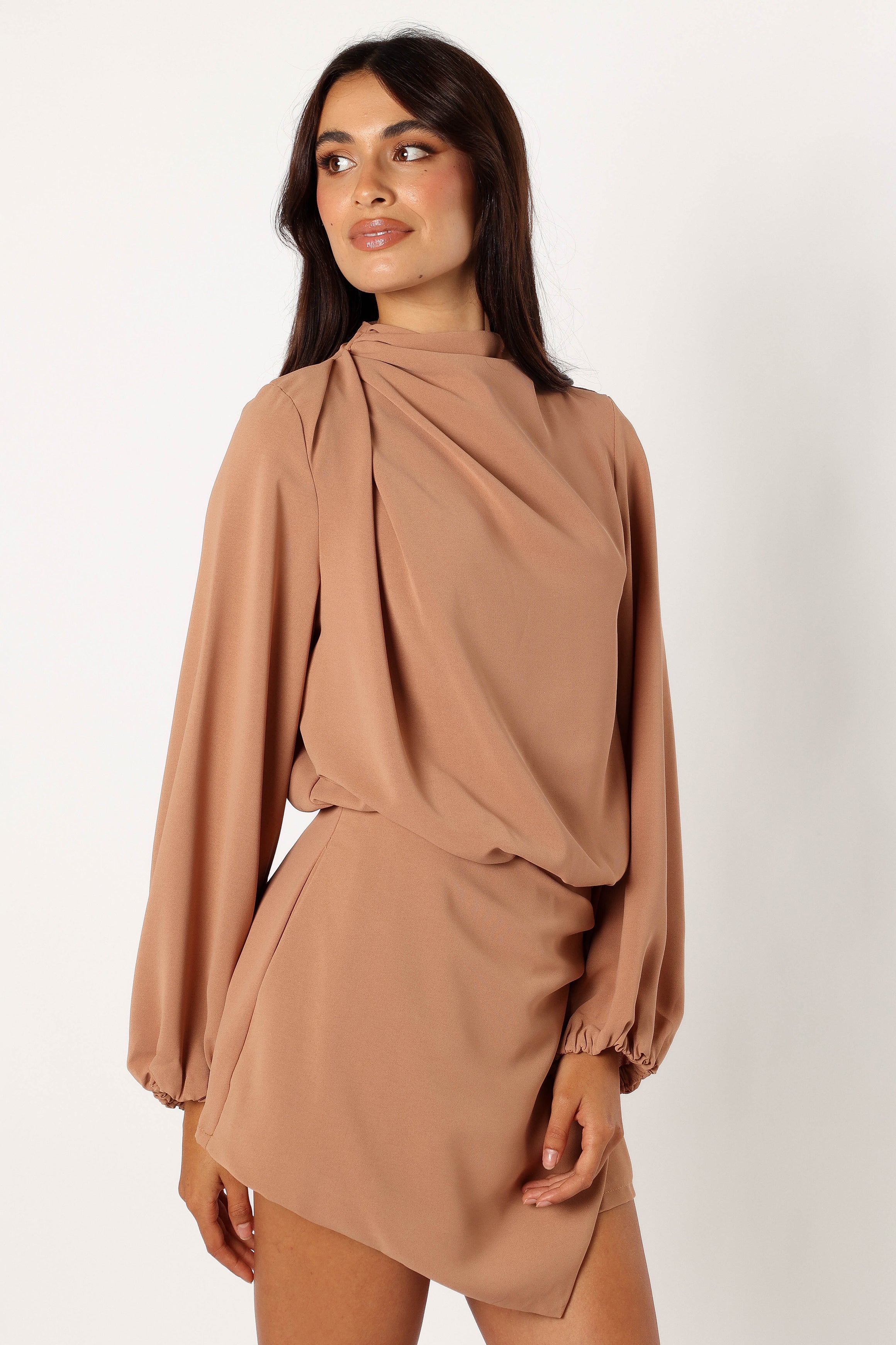 Galen Long Sleeve Romper for Women - Soft Mocha Jumpsuit with Pockets, Comfortable Casual Outfit for Fall & Winter | Perfect for Work, Dates, and Travel