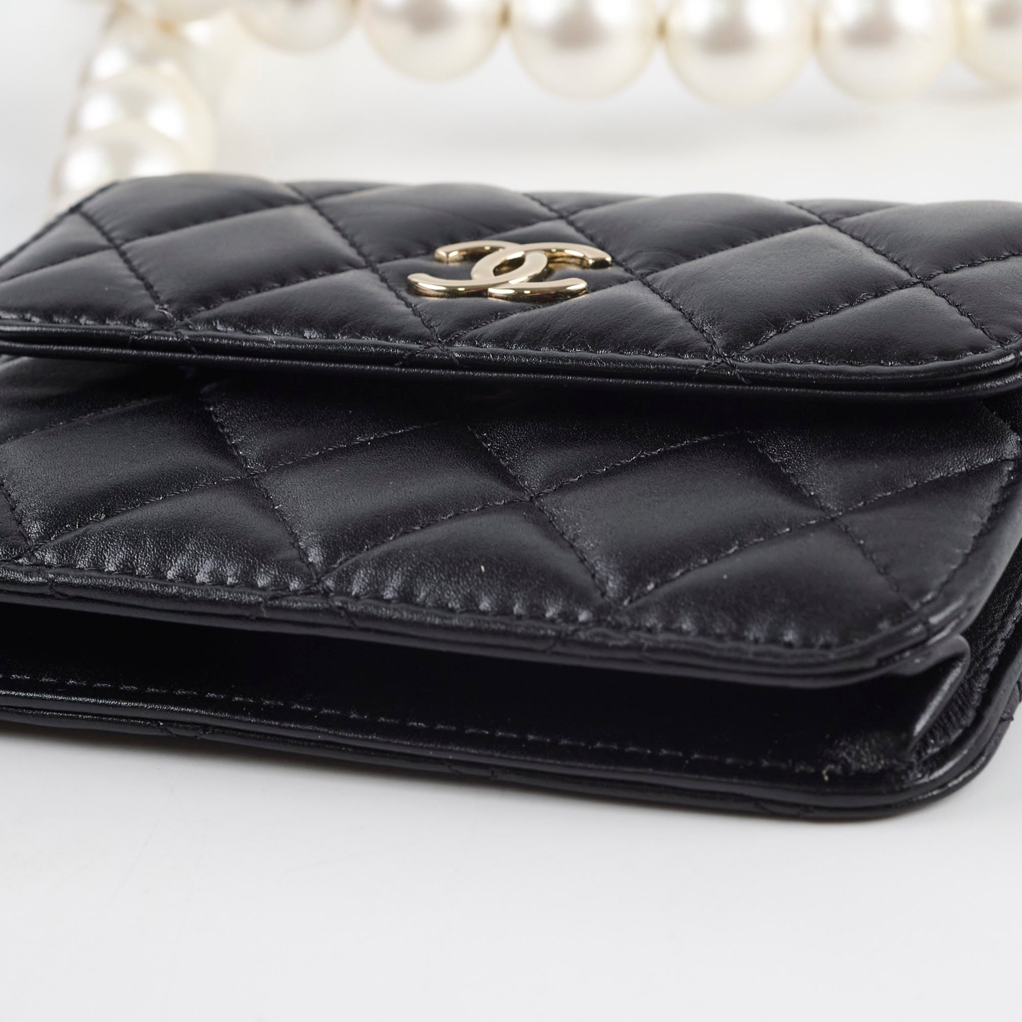 Chanel Micro Pearl Card Clutch with Chain - Black Series 31 | Luxury Small Wallet for Women | Perfect for Evening Parties, Weddings & Special Occasions