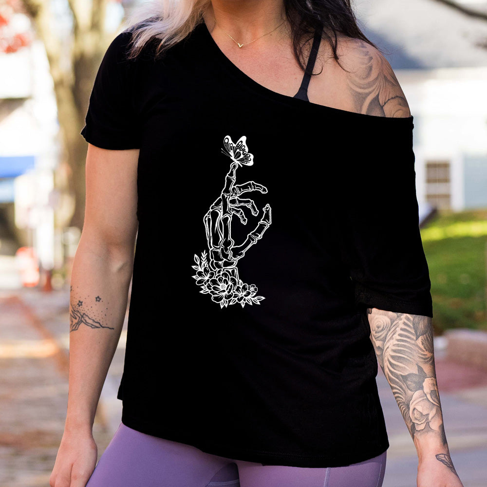 Skeleton Hand Butterfly Graphic Slouchy Tee - Gothic Streetwear & Casual Outfit Essential for Women & Men
