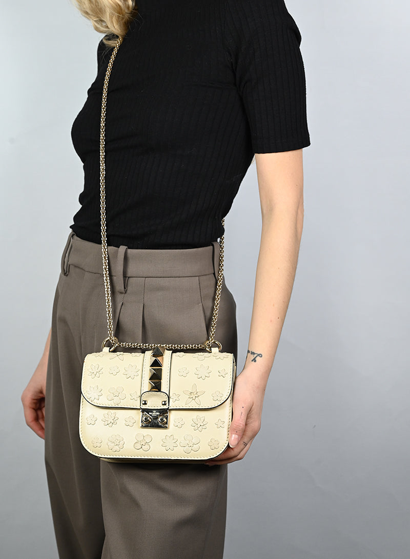 Valentino White Leather Handbag with Floral Design - Perfect for Women's Fashion, Parties & Special Occasions