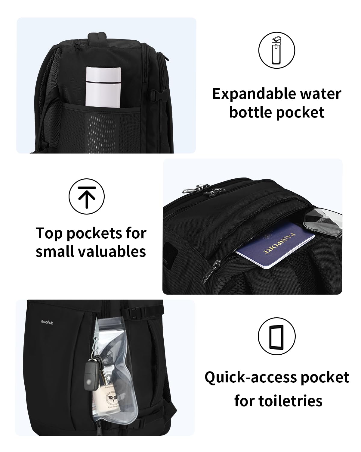 ECOHUB 17 Inch Flight Approved Travel Backpack - Water Resistant Carry On Backpack with 13 Pockets, USB Charging Port & Luggage Sleeve - Perfect Personal Item Bag for Air Travel, Commuting & Outdoor Adventures (Black)