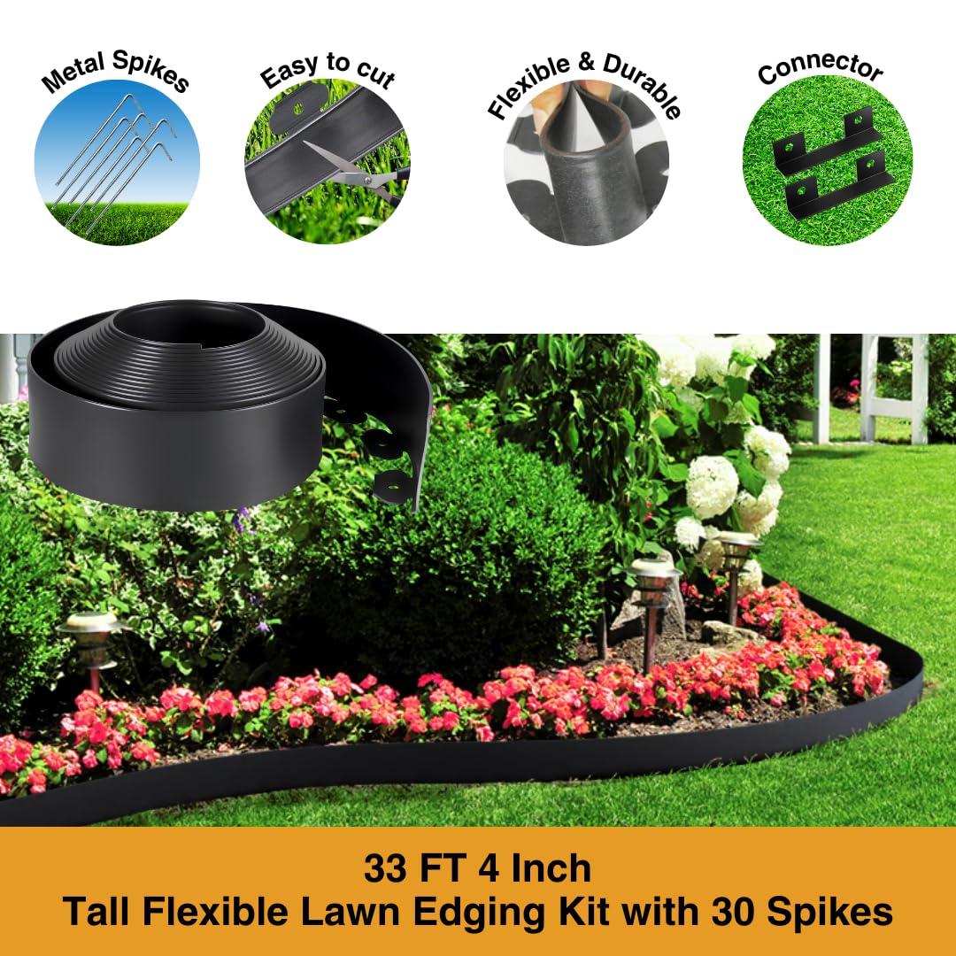 No Dig Landscape Edging 33FT - Tall Garden Border with Metal Spikes for Lawns & Flower Beds