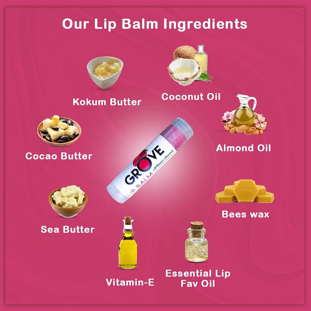 Grove Unisex Strawberry & Wild Rose Flavored Lip Balm - Hydrating Lip Care with Shea Butter, Coconut Oil & Vitamin E - Moisturizing Lip Butter for Dry & Chapped Lips - Perfect for Daily Use, Travel & Outdoor Activities (6g Stick)