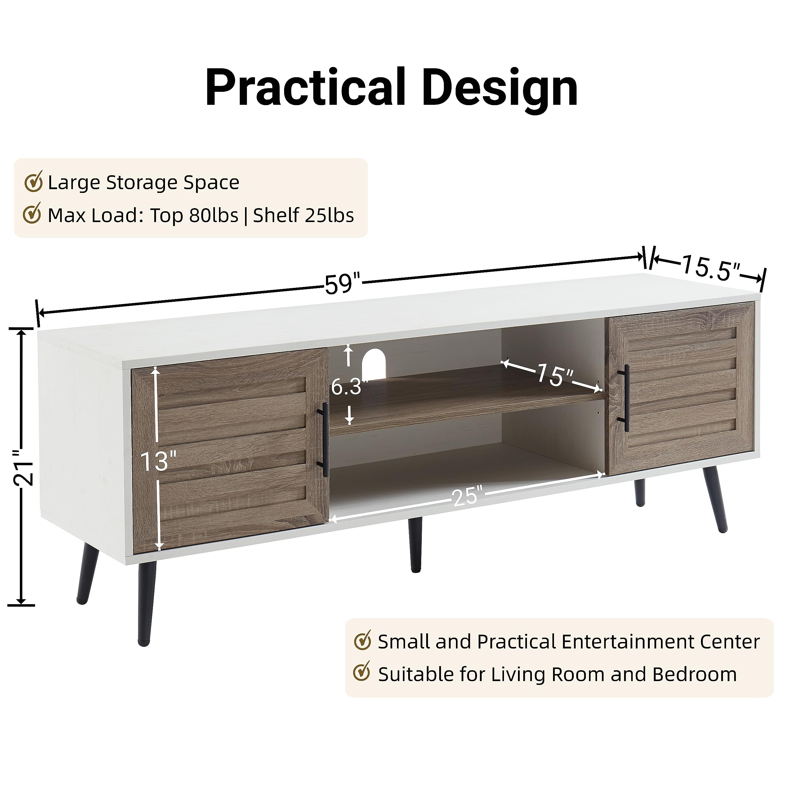 Mid Century Modern TV Stand for 65 Inch TVs - Wood Entertainment Center with Storage Cabinet & Open Shelves - White Walnut TV Console Table for Living Room, Bedroom & Home Theater