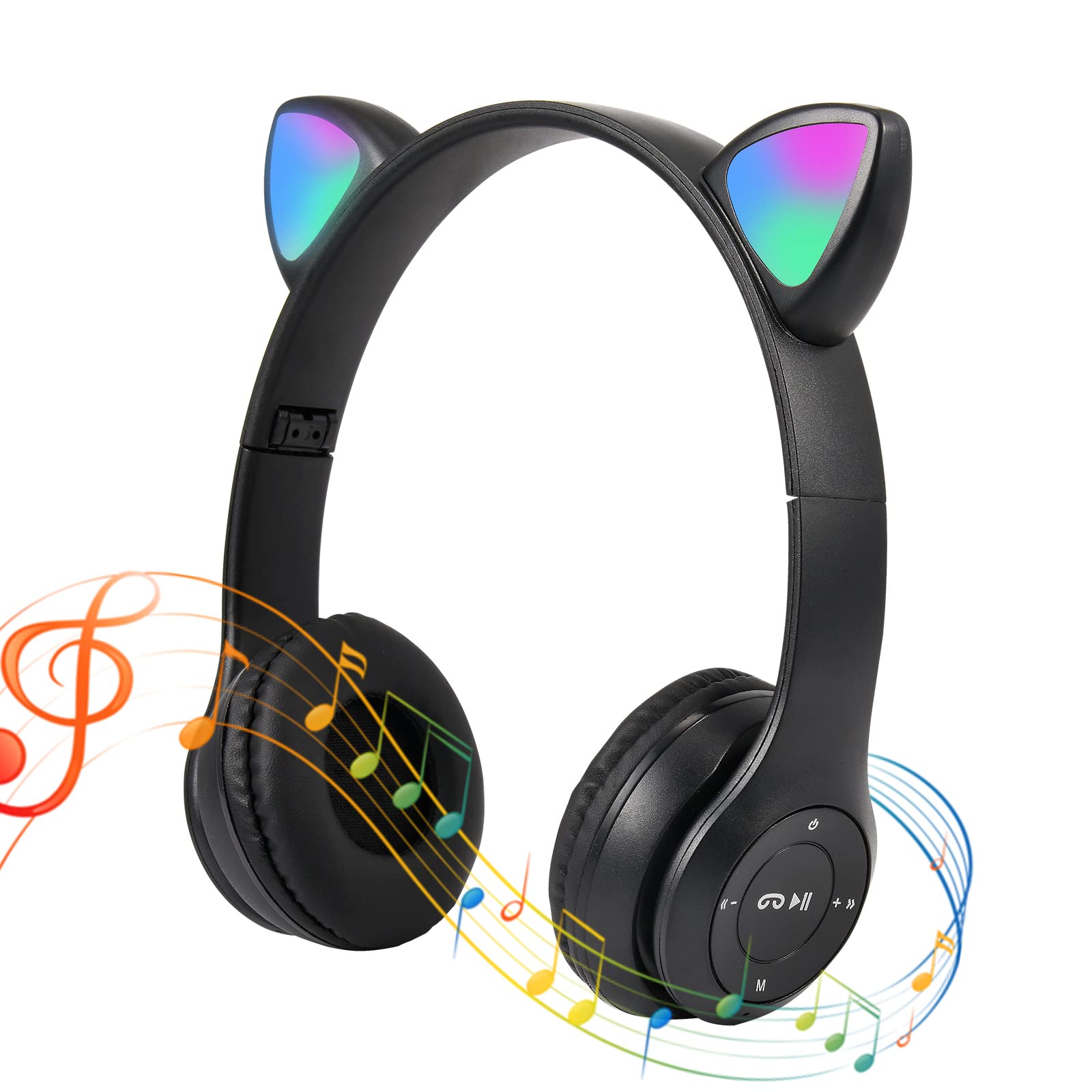 Bluetooth Wireless Kids Headphones with LED Cat Ears & Microphone - Over-Ear Stereo Headset for Children, TF Card/Wired Foldable Earphones - Perfect Gift for Boys & Girls Age 7+ (Black) - Ideal for School, Travel, and Home Use